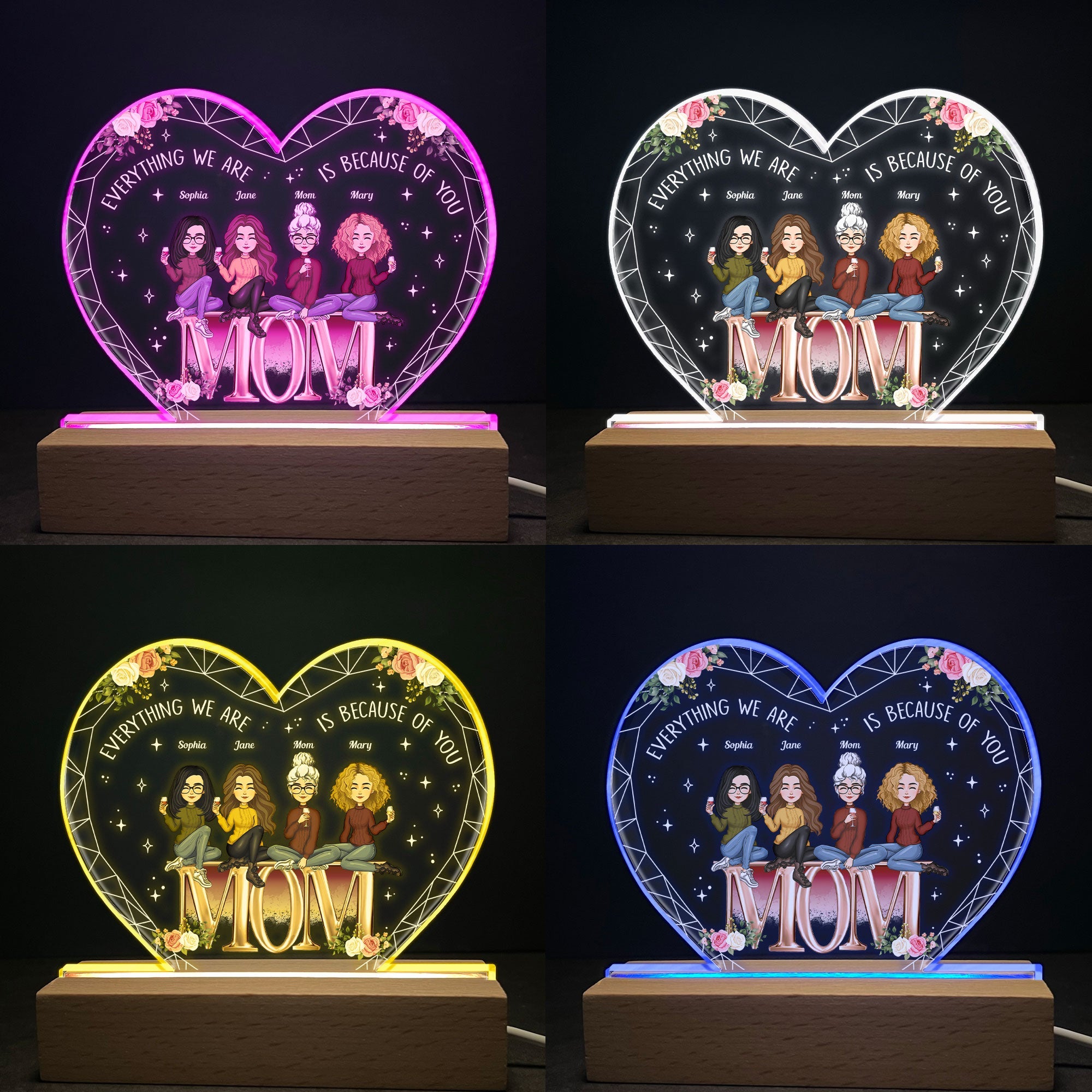 Everything We Are Is Because Of You Mom - Personalized 3D Led Light Wooden Base - Mother's Day Gift For Mom, Grandma