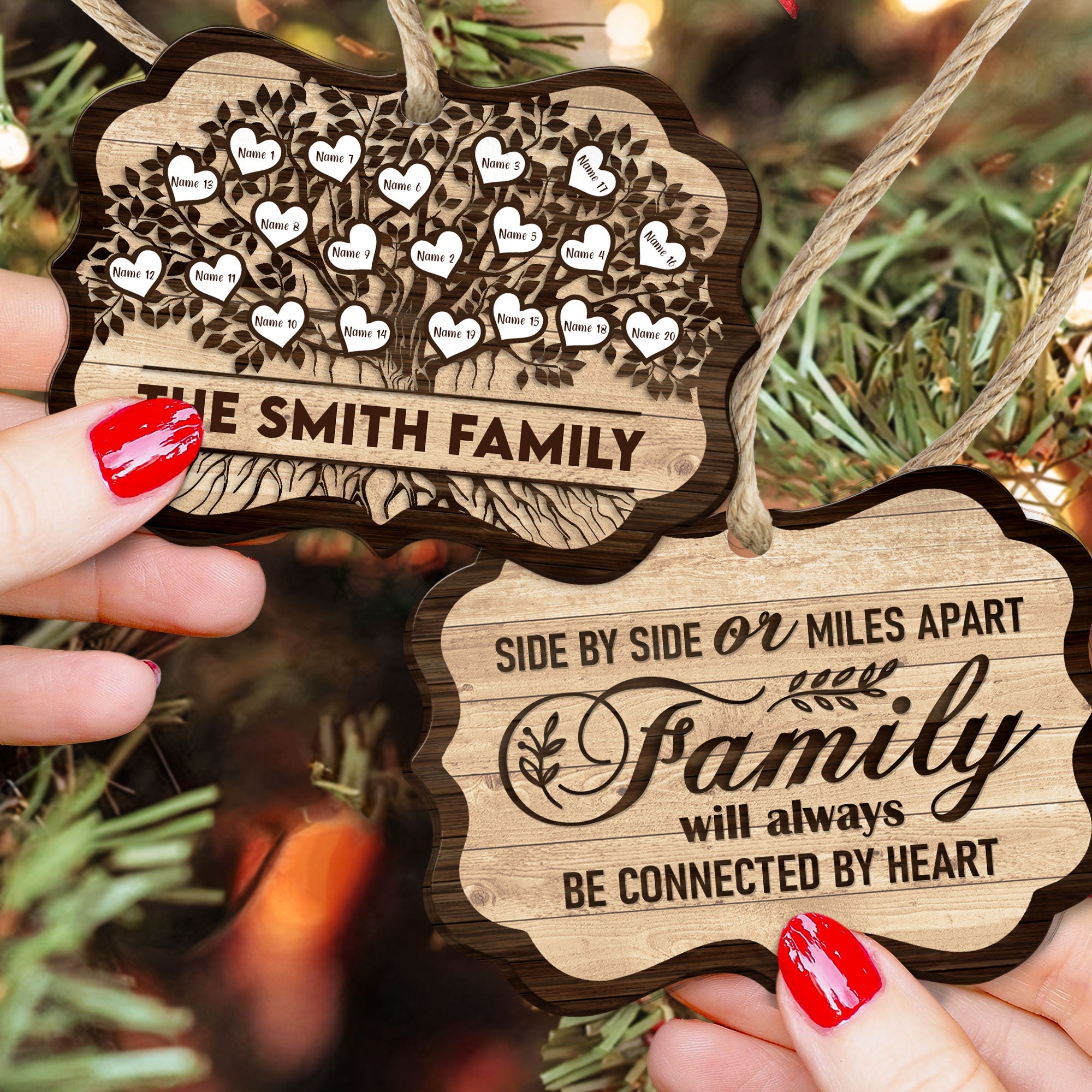 Family Will Always Be Connected By Heart - Personalized Two-Sided Wooden Ornament - Christmas Gift For Fathers, Mothers, Daughters & Sons