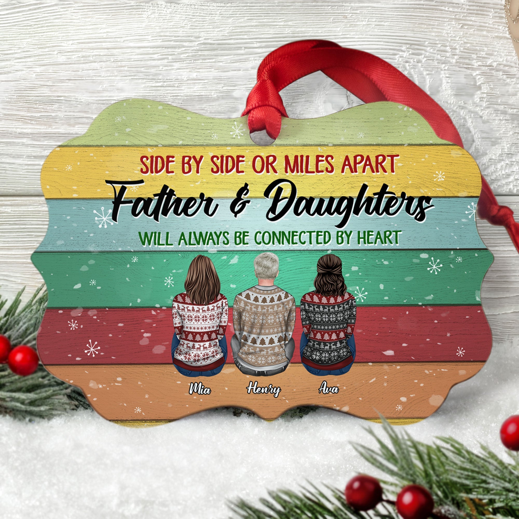 Father And His Children Will Always Be Connected By Heart - Personalized Aluminum Ornament - Christmas Gift Father Ornament For Dad, Mom - Ugly Christmas Sweater Sitting