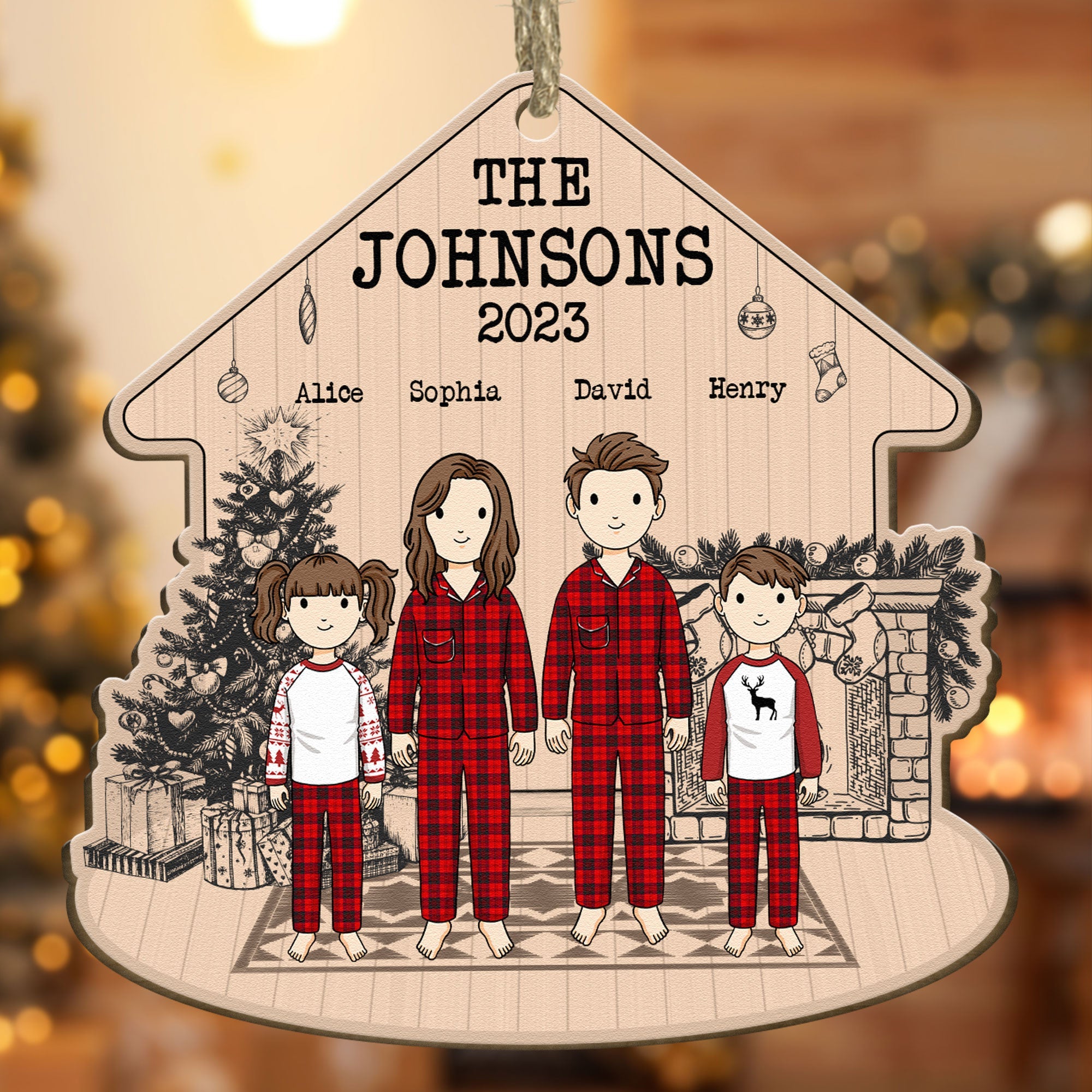 Family At Fireplace - Personalized Wooden Ornament