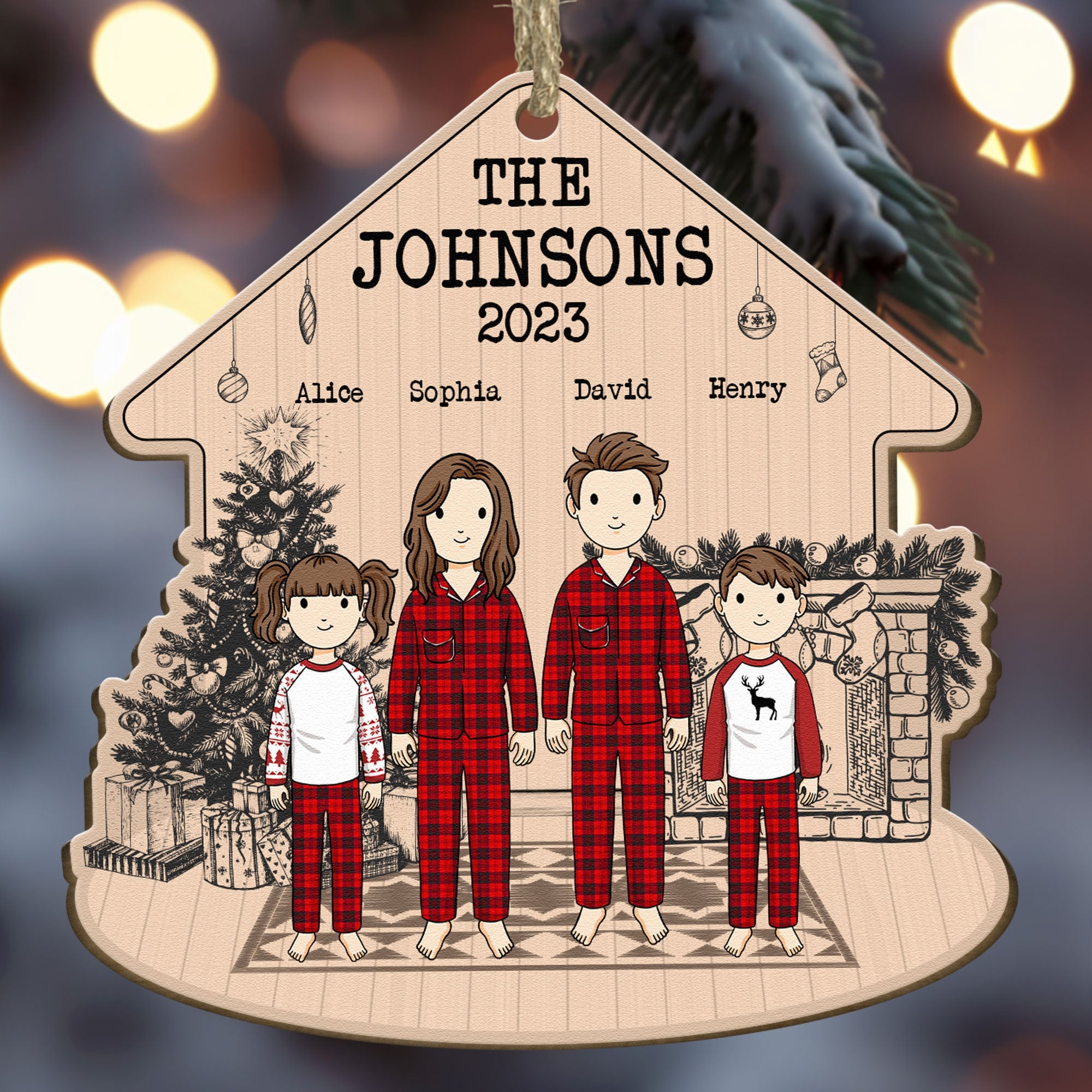 Family At Fireplace - Personalized Wooden Ornament