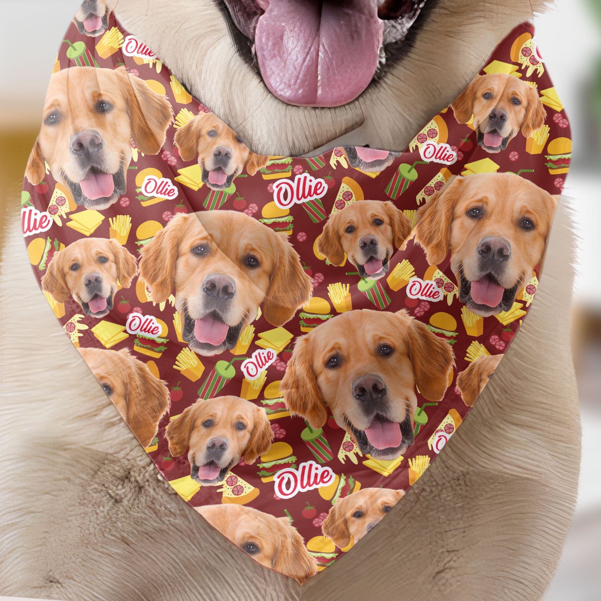 Fast Food Pattern Bandana Pet Custom Face - Personalized Photo Bandana Collar