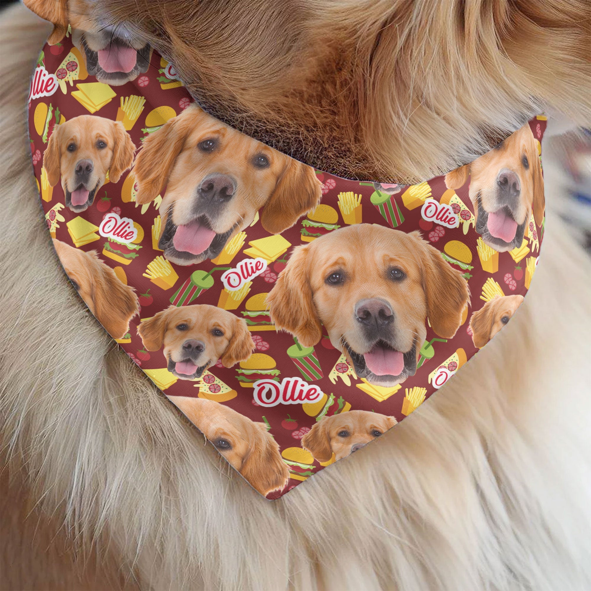 Fast Food Pattern Bandana Pet Custom Face - Personalized Photo Bandana Collar