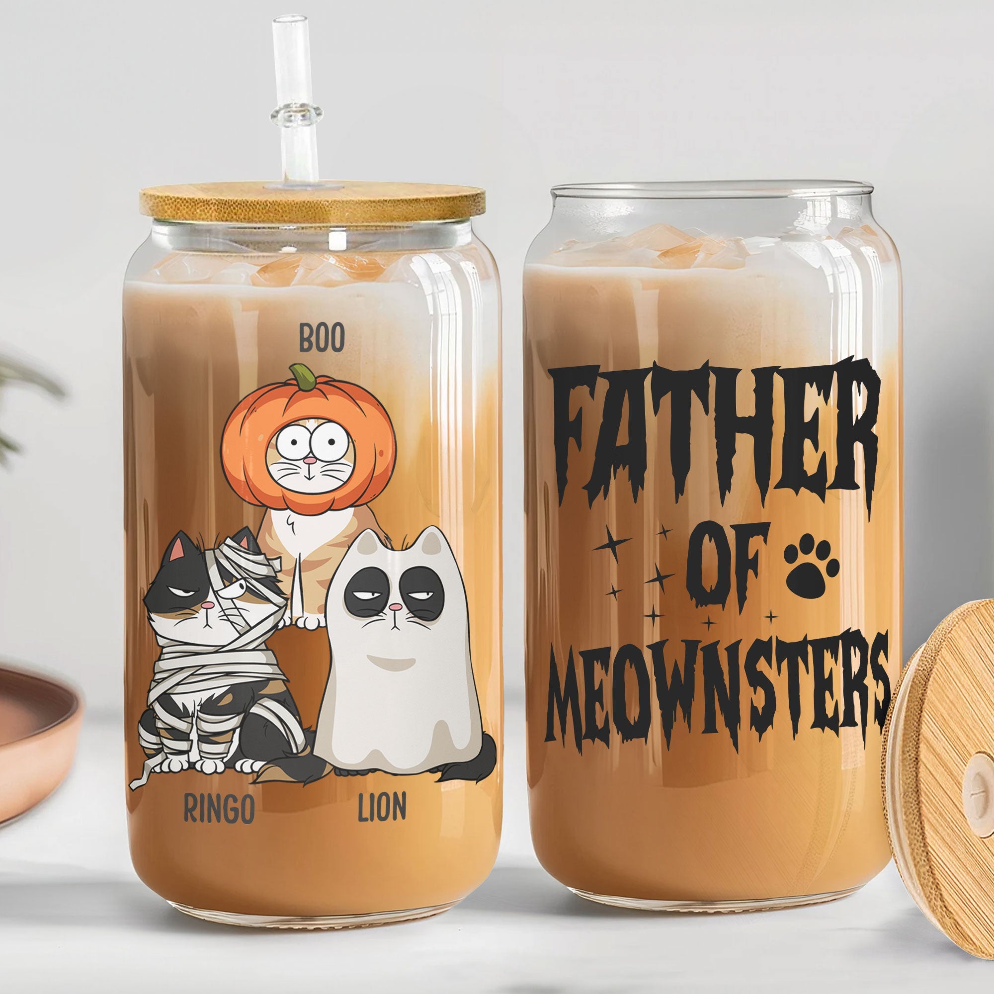 Father Of Meownsters - Personalized Clear Glass Cup