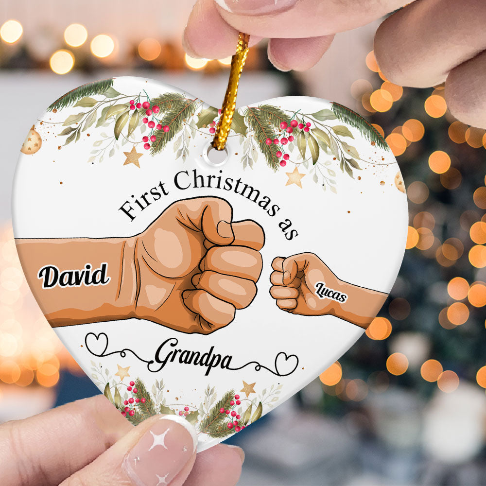 First Christmas As Grandpa - Personalized Heart Shaped Ceramic Ornament