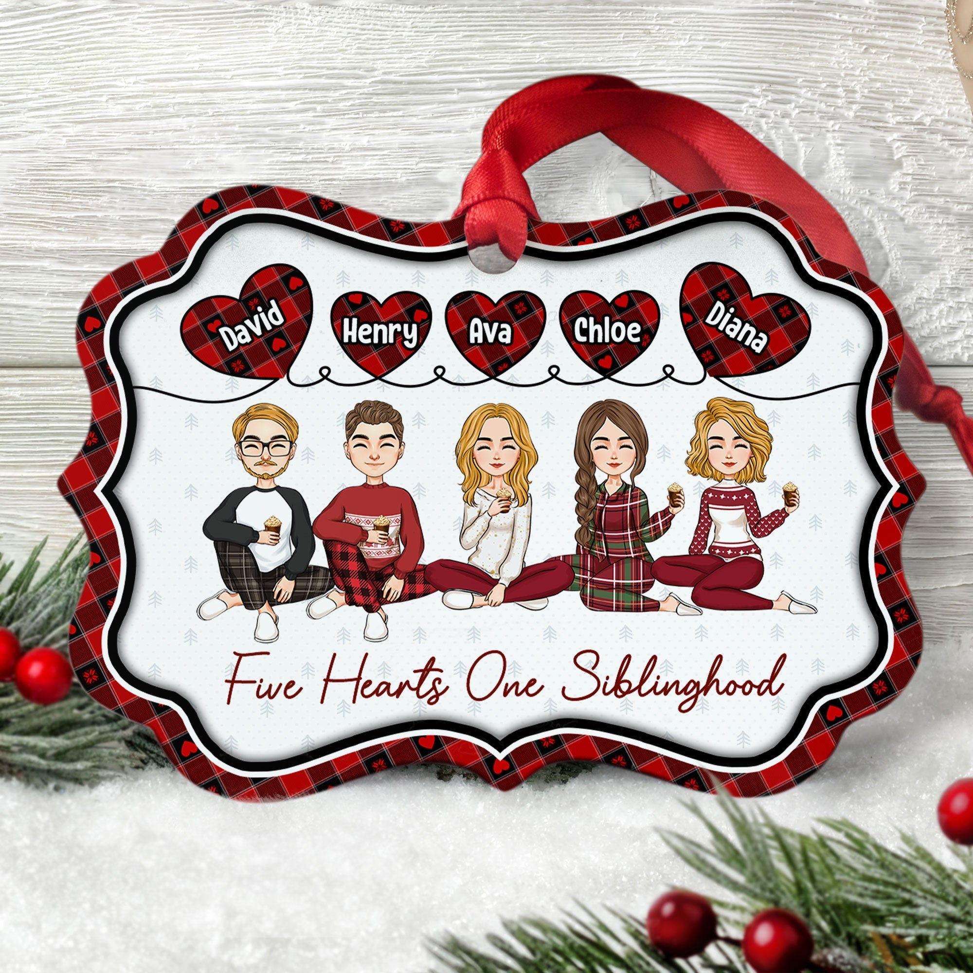 Five Hearts One Siblinghood - Personalized Aluminum Ornament