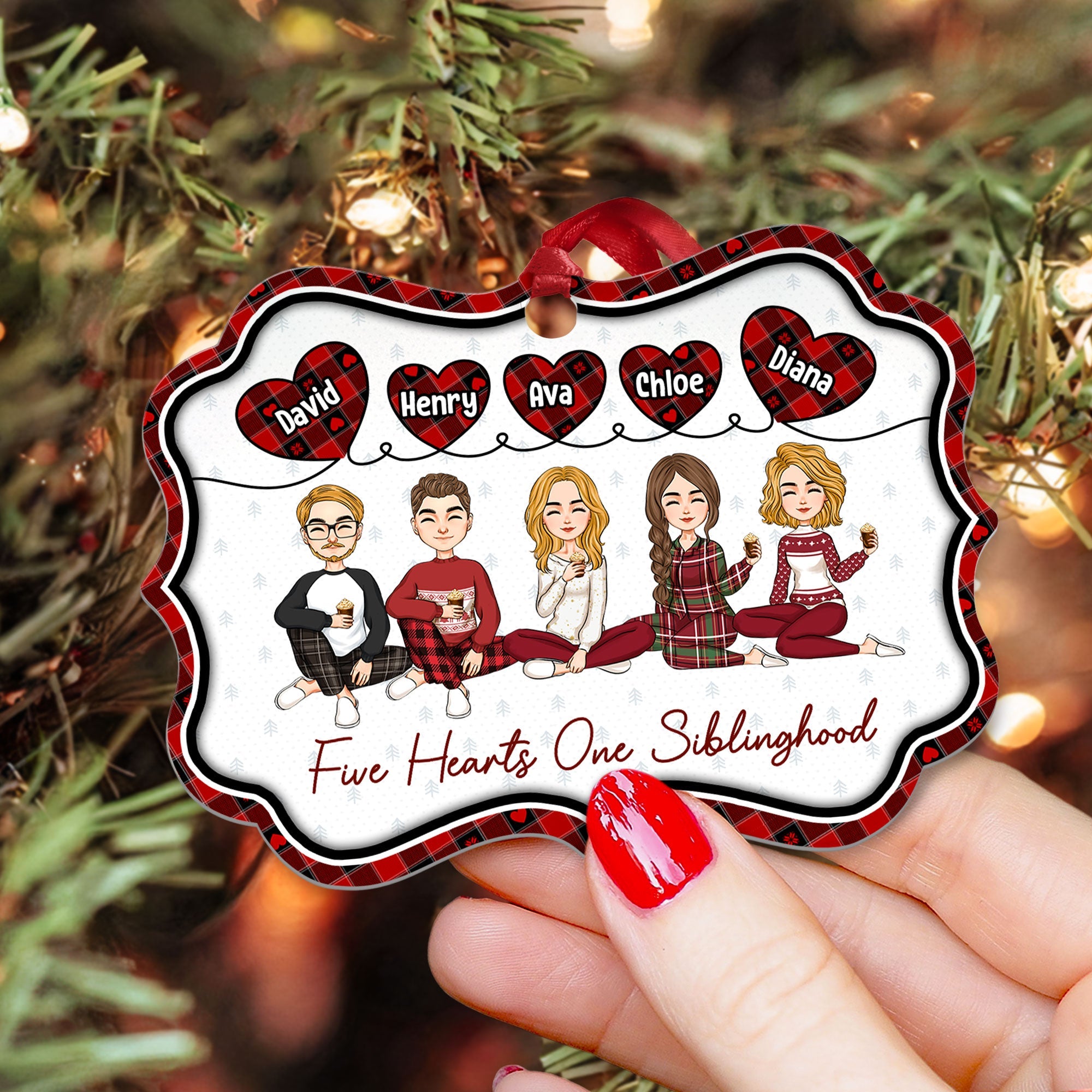 Five Hearts One Siblinghood - Personalized Aluminum Ornament