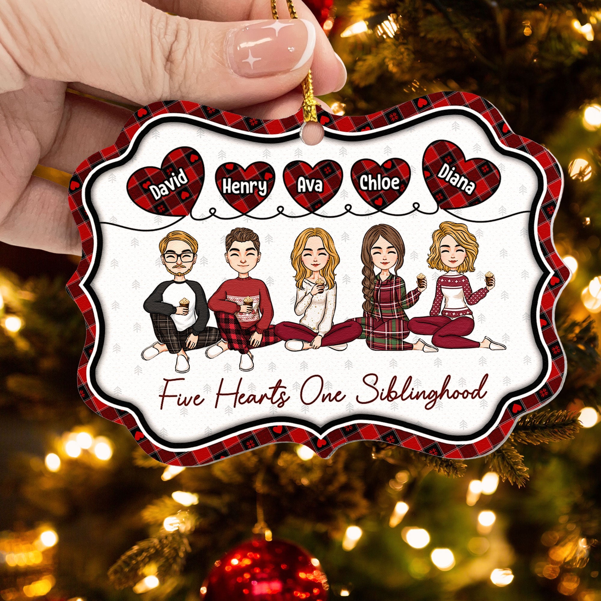 Five Hearts One Siblinghood - Personalized Aluminum Ornament