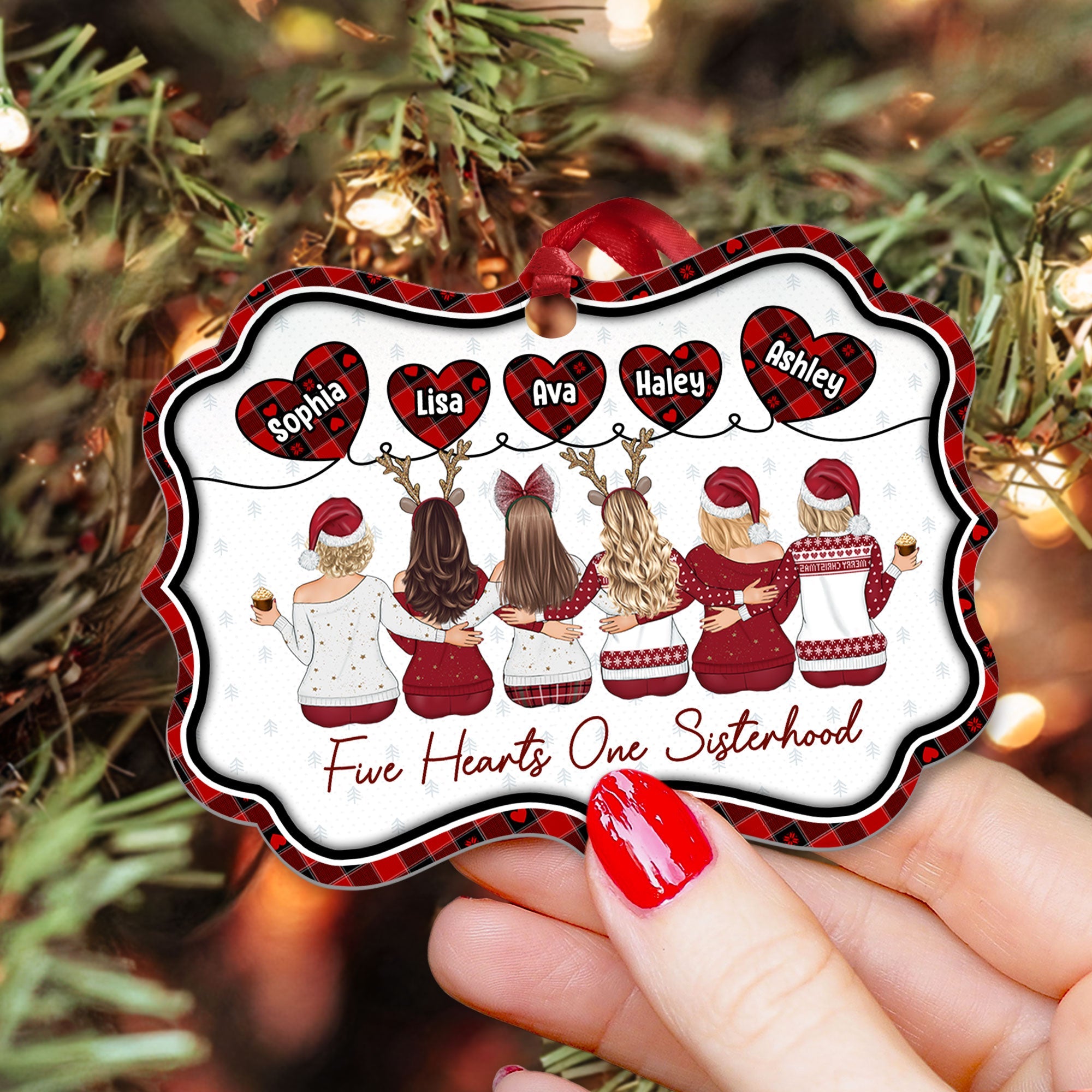 Five Hearts One Sisterhood - Personalized Aluminum Ornament