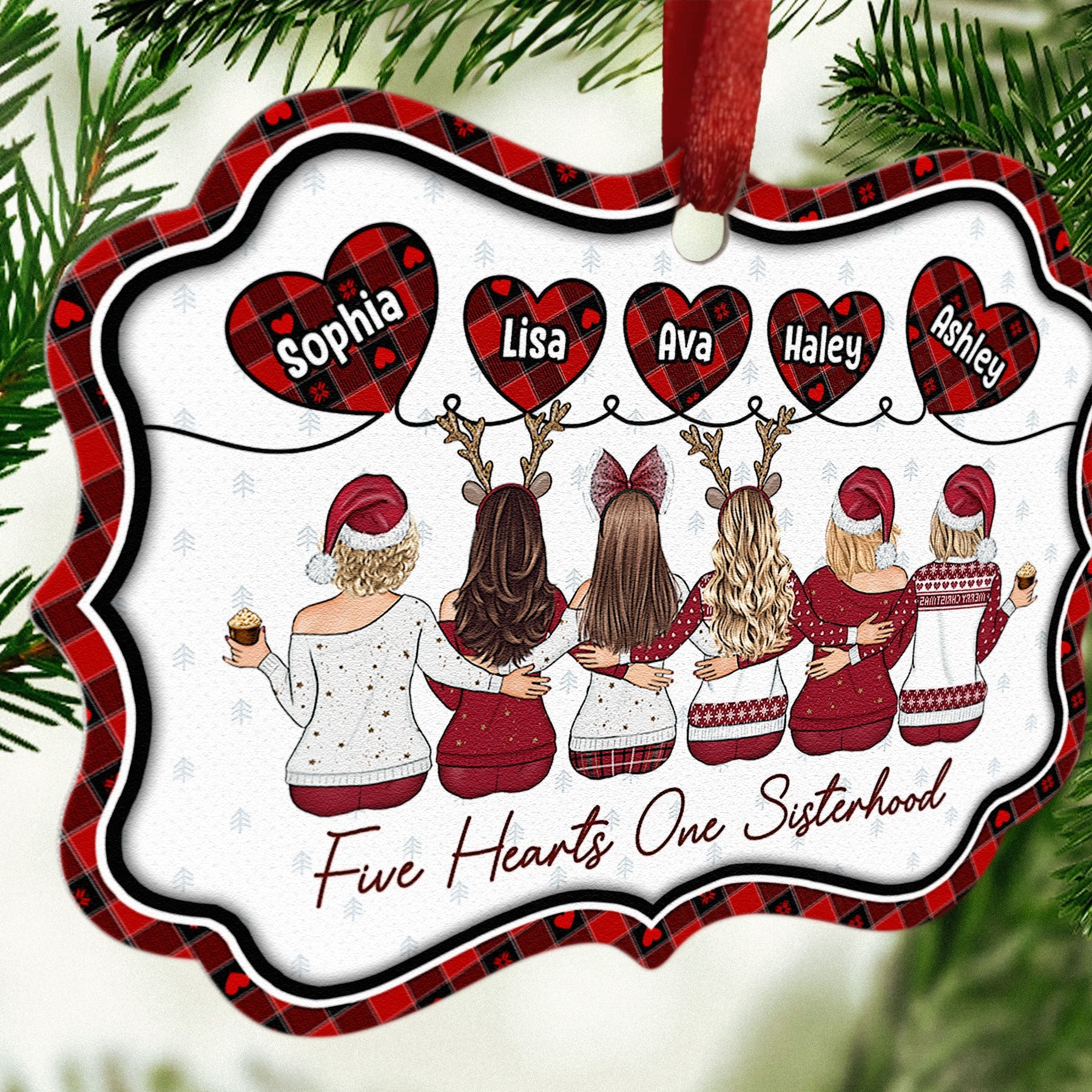 Five Hearts One Sisterhood - Personalized Aluminum Ornament