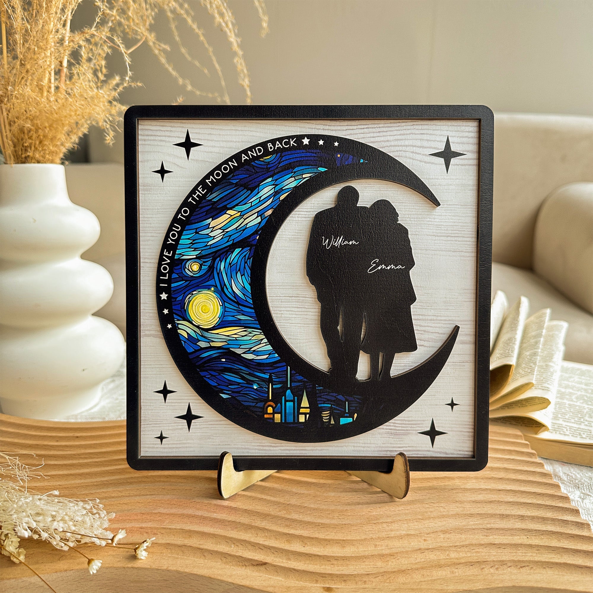 I Love You To The Moon And Back - Personalized 2 Layers Wooden Plaque - Anniversary Gifts For Her, Him