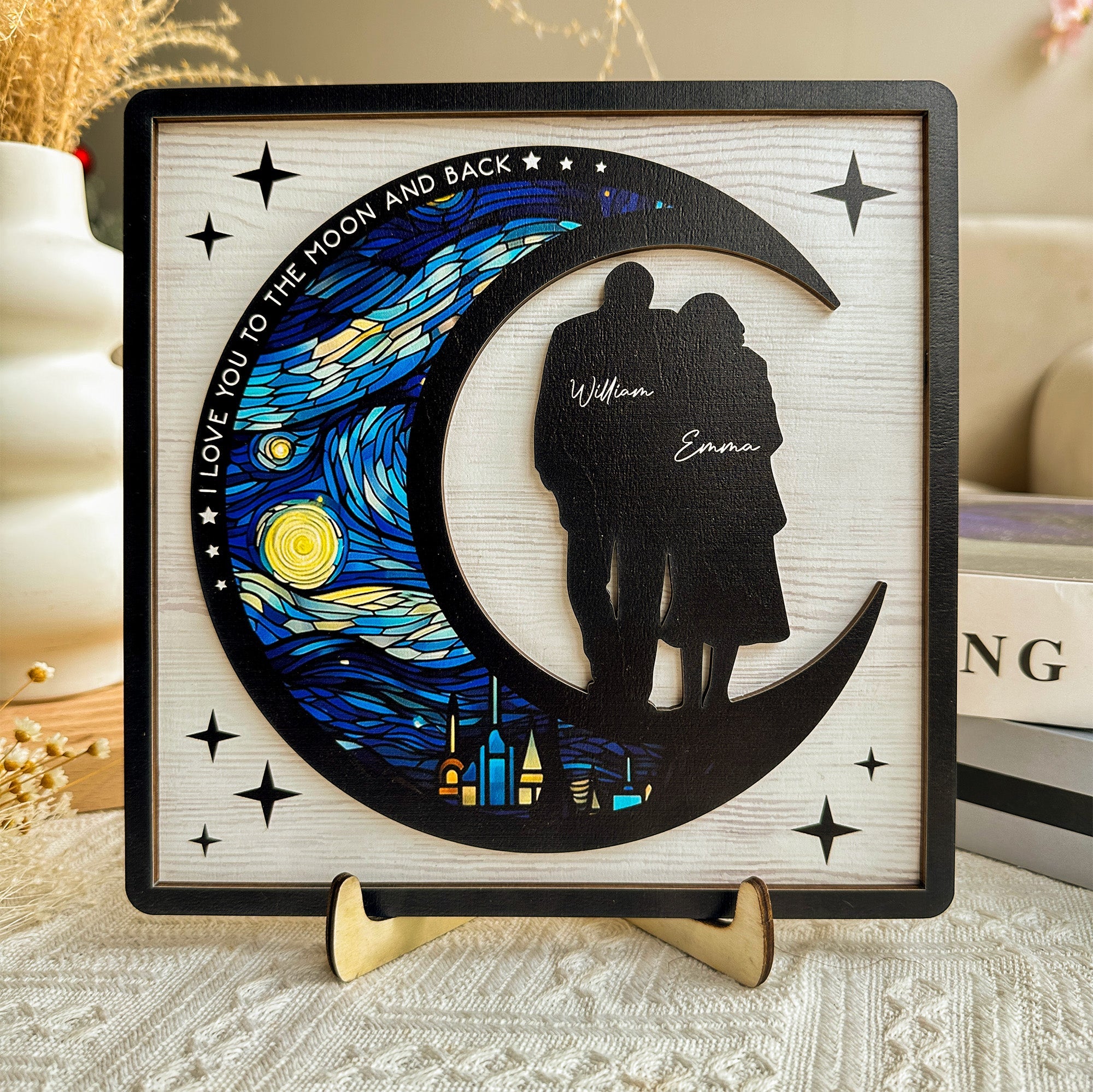 I Love You To The Moon And Back - Personalized 2 Layers Wooden Plaque - Anniversary Gifts For Her, Him