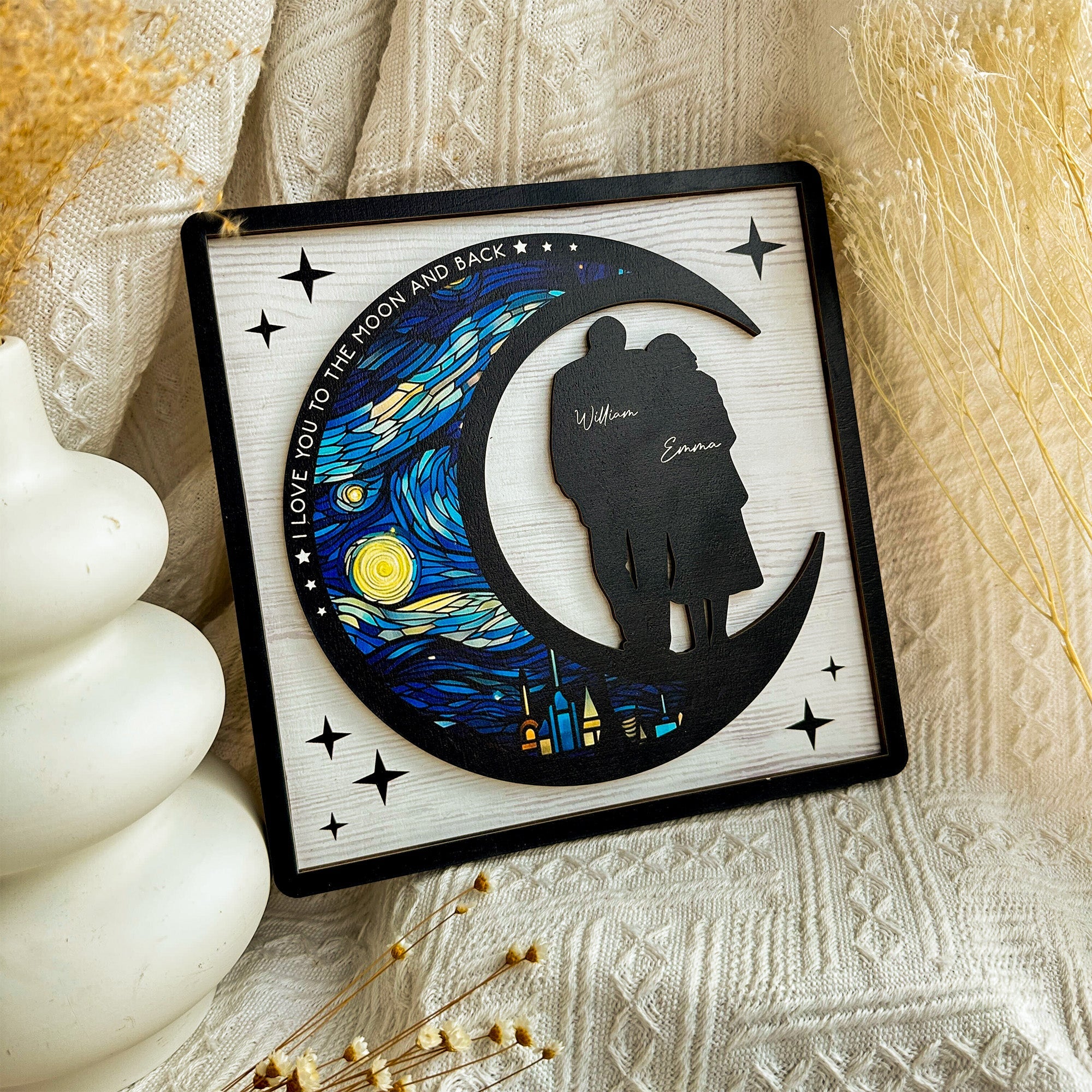 I Love You To The Moon And Back - Personalized 2 Layers Wooden Plaque - Anniversary Gifts For Her, Him