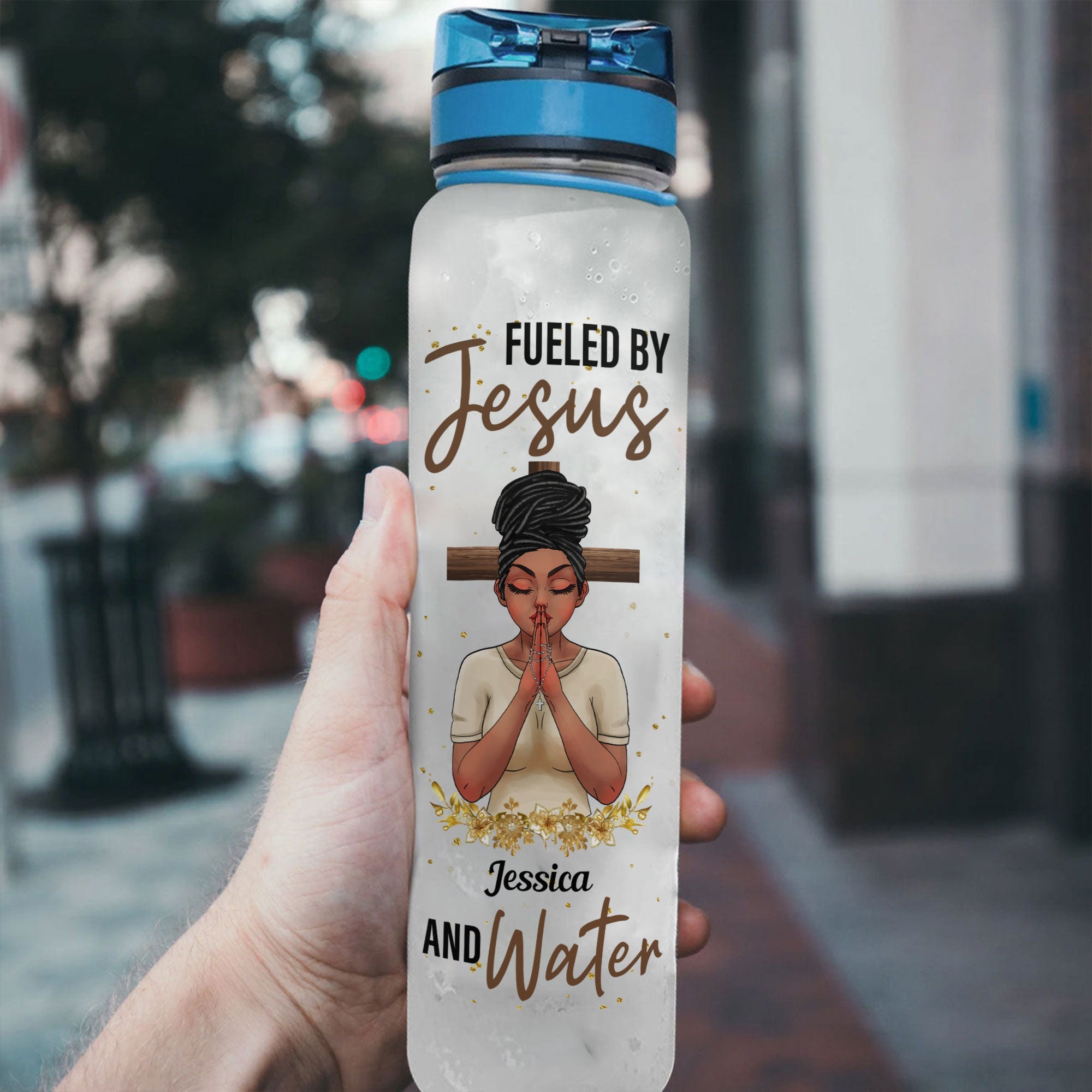 Fueled By Jesus And Water - Personalized Water Tracker Bottle - Birthday, Motivation Gift For Black Girl, Black Woman