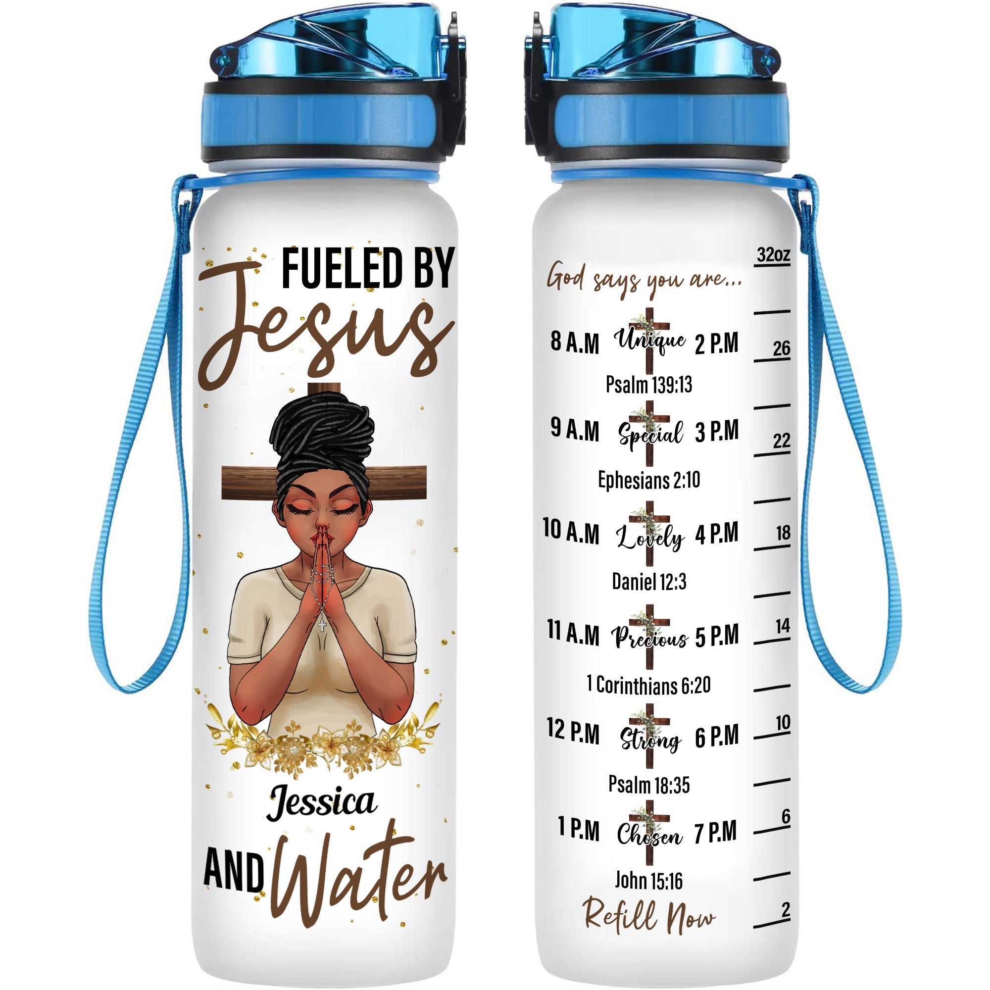 Fueled By Jesus And Water - Personalized Water Tracker Bottle - Birthday, Motivation Gift For Black Girl, Black Woman