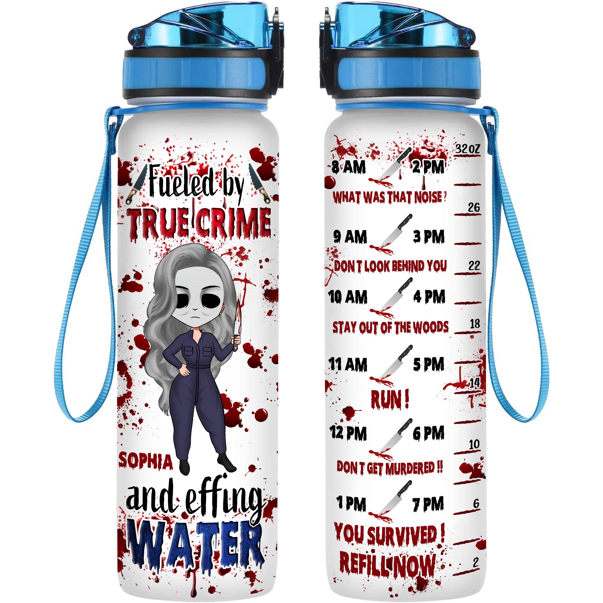 Fueled By True Crime And Effing Water  - Personalized Water Tracker Bottle - True Crime Gift For Her, Girl, Woman, True Crime Lover