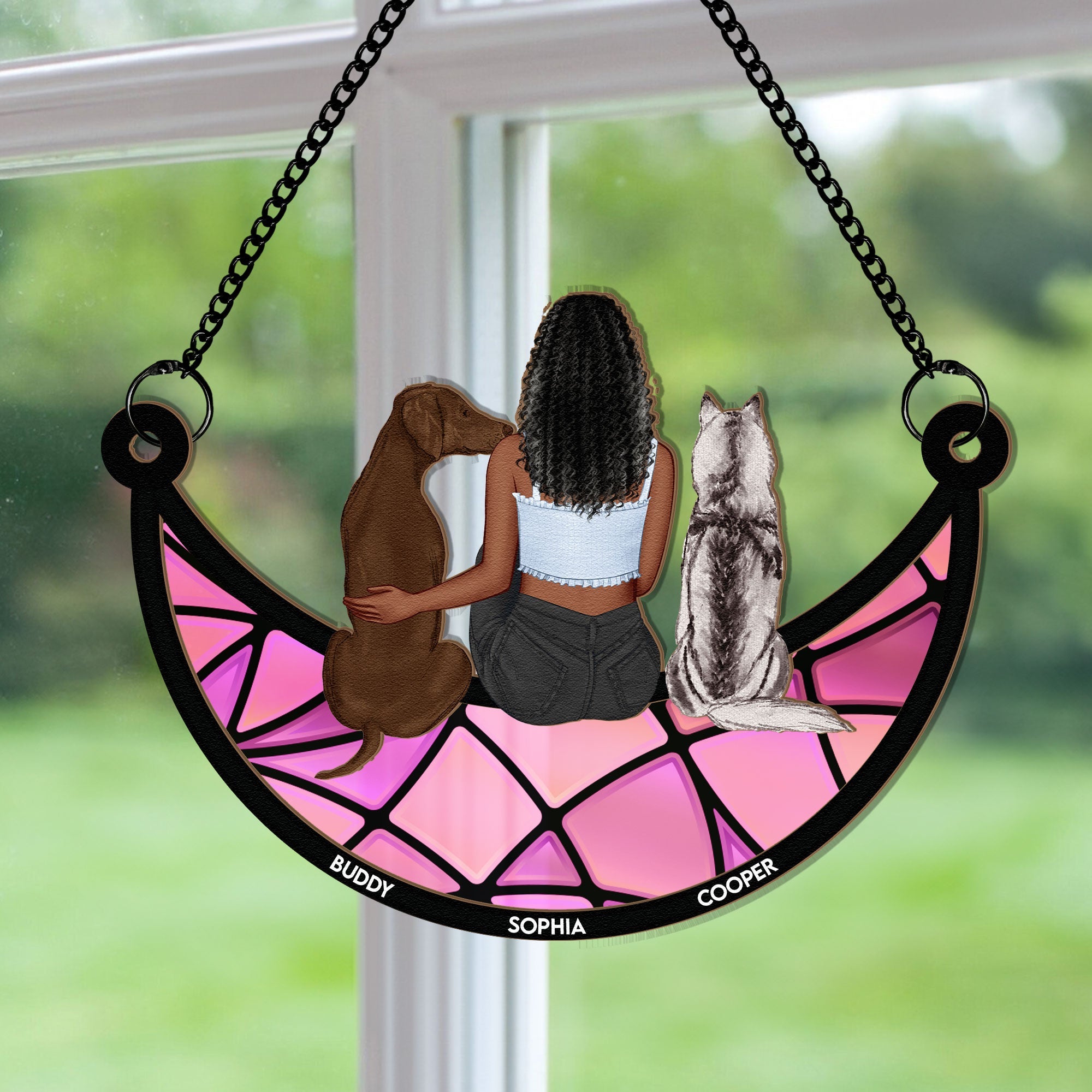 Girl And Dog Sitting On The Moon - Personalized Window Hanging Suncatcher Ornament