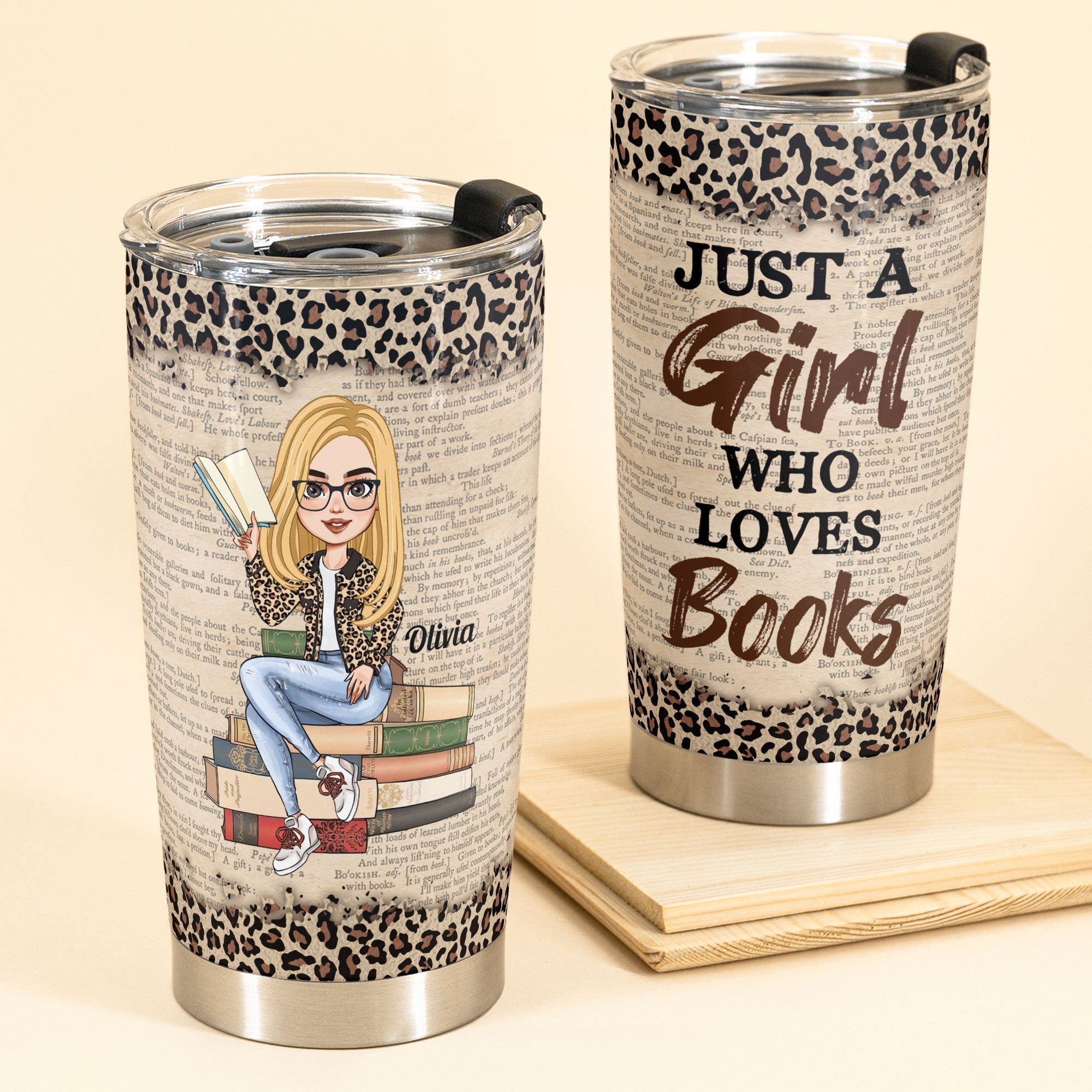 Girl Loves Books - Personalized Tumbler Cup - Birthday Gift For Book Lover, Bookworm - Leopard Girl