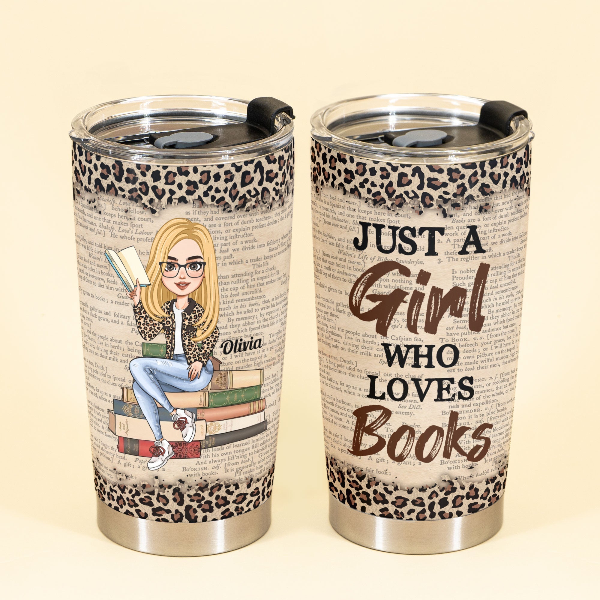 Girl Loves Books - Personalized Tumbler Cup - Birthday Gift For Book Lover, Bookworm - Leopard Girl