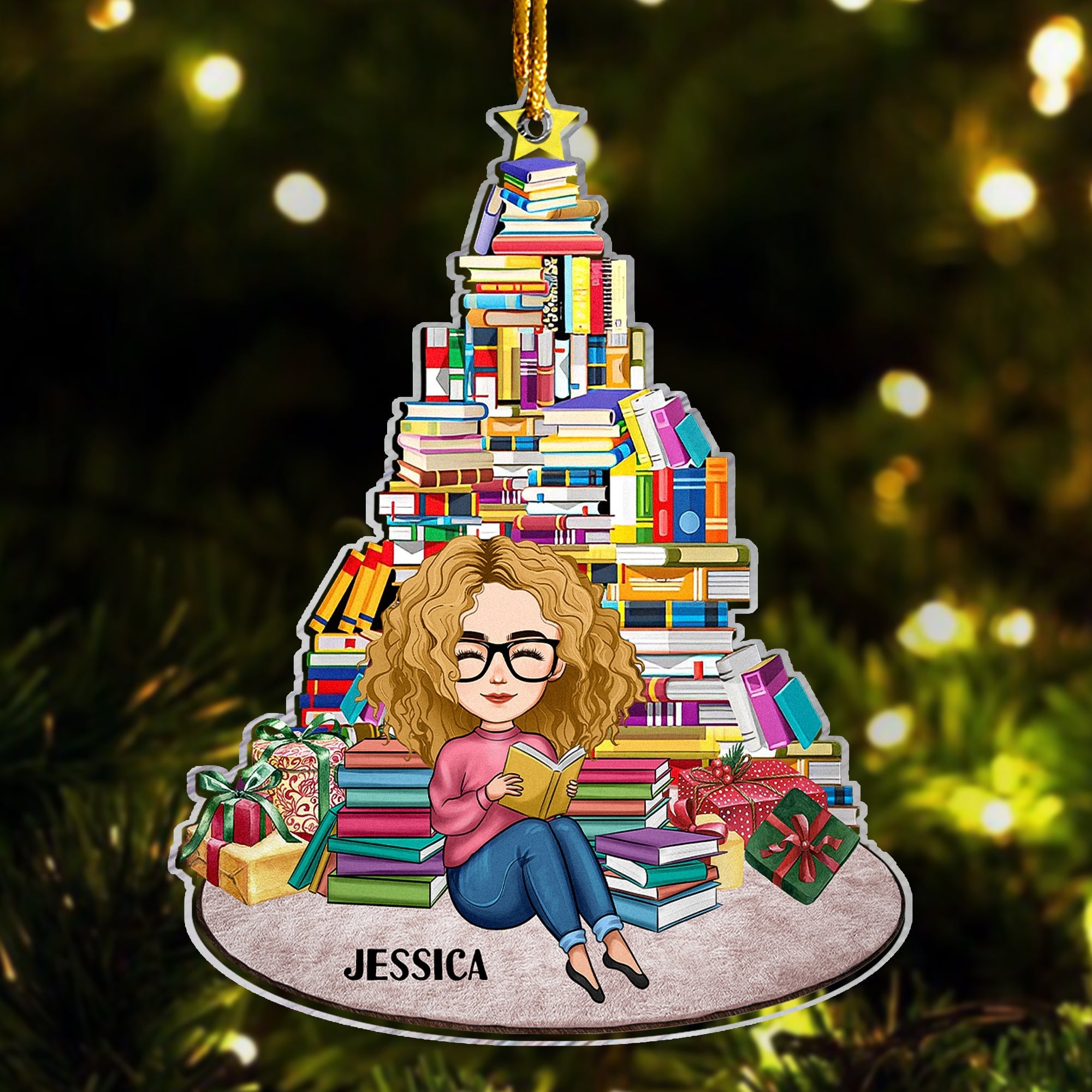 Girl Under Book Christmas Tree - Personalized Book Xmas Tree Shaped Acrylic Ornament