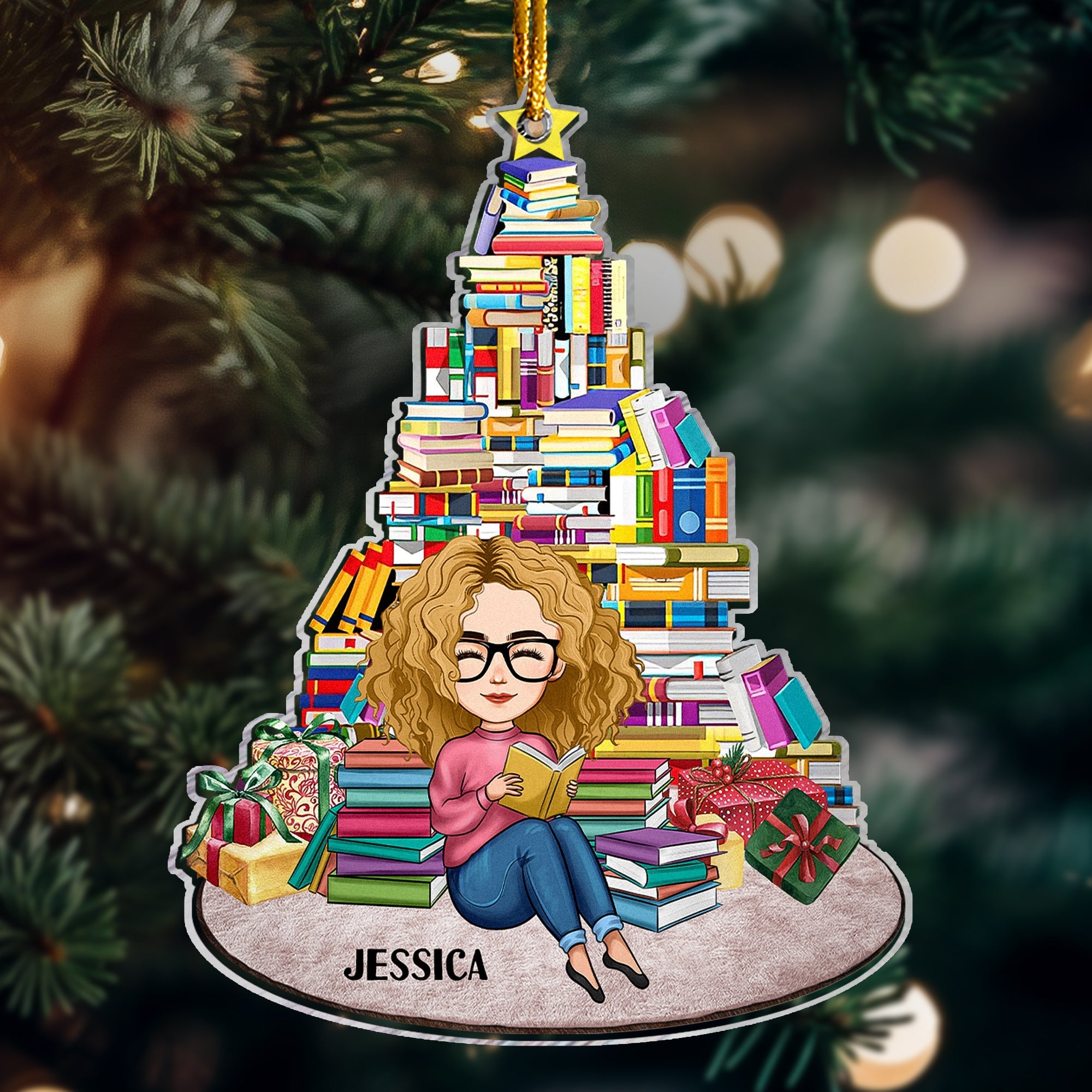 Girl Under Book Christmas Tree - Personalized Book Xmas Tree Shaped Acrylic Ornament