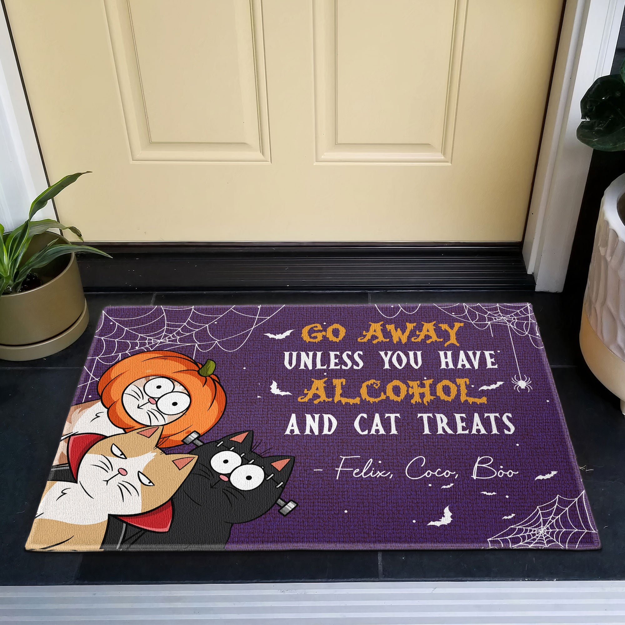 Go Away Unless You Brought Alcohol And Cat Treats Halloween Vibes - Personalized Doormat