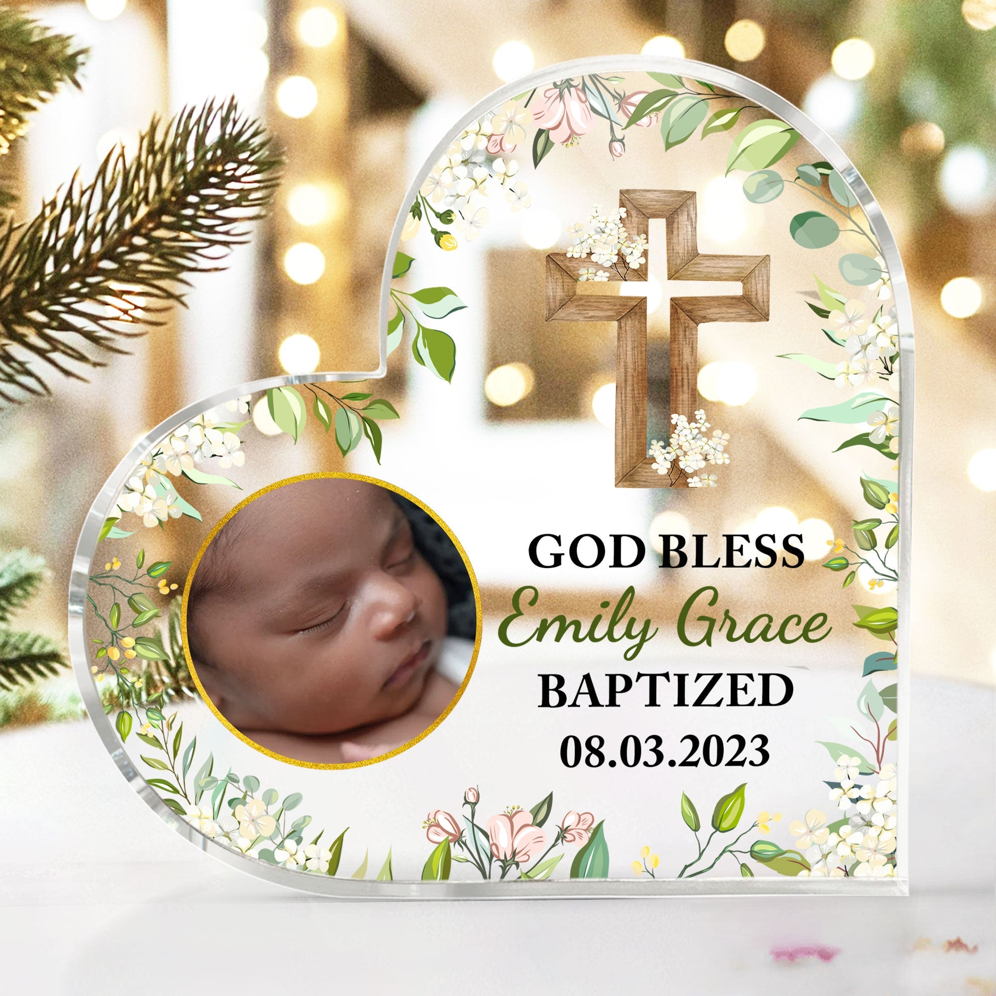 God Bless Baptized - Personalized Heart Shaped Acrylic Plaque