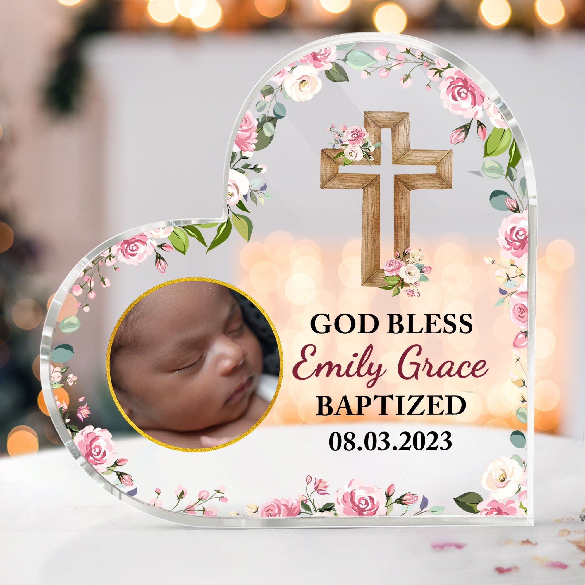 God Bless Baptized - Personalized Heart Shaped Acrylic Plaque