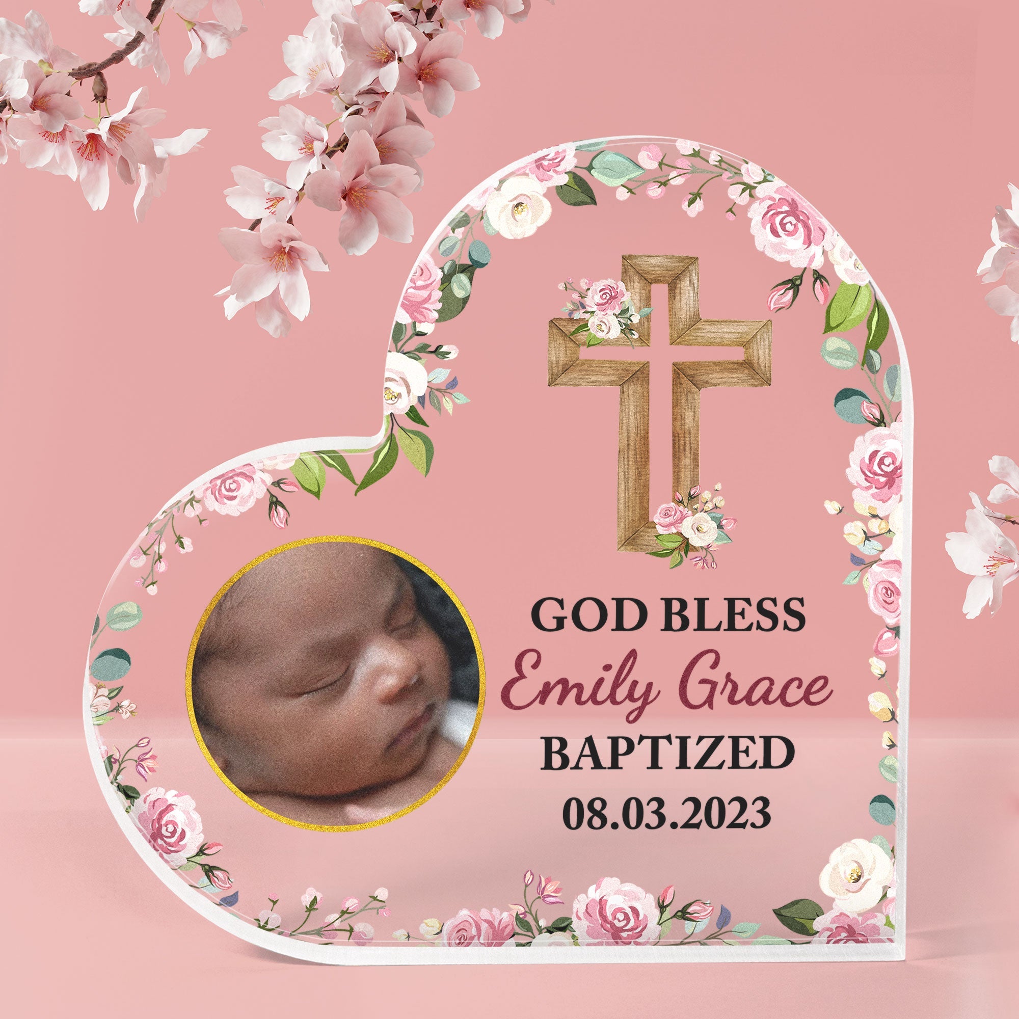 God Bless Baptized - Personalized Heart Shaped Acrylic Plaque