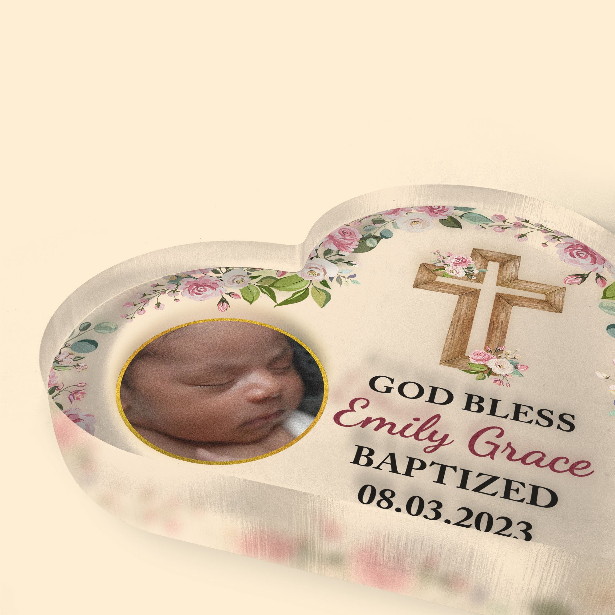 God Bless Baptized - Personalized Heart Shaped Acrylic Plaque