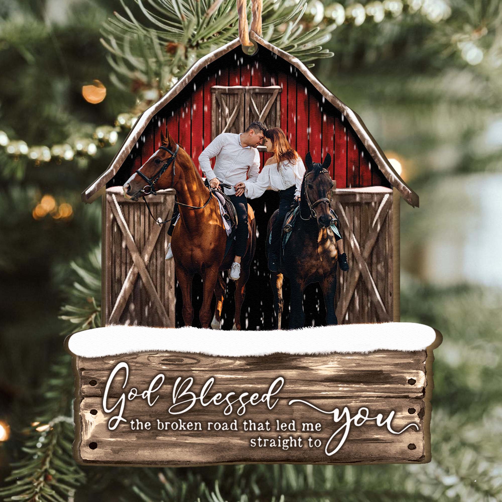 God Blessed The Broken Road Red Barn - Personalized Wooden Photo Ornament