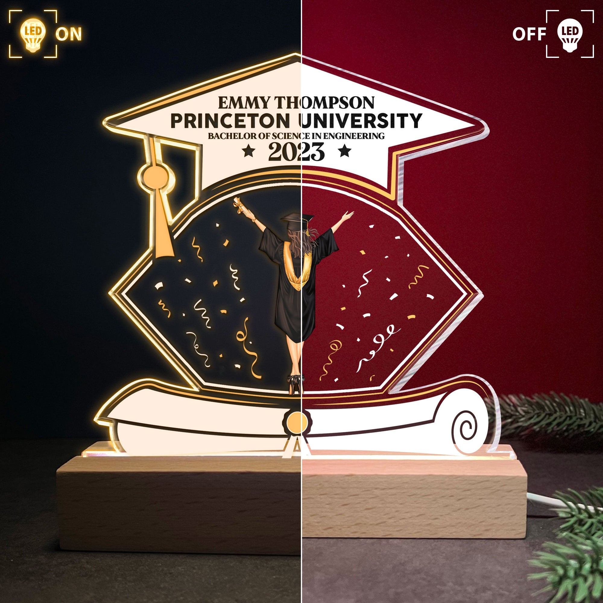 Graduation Ceremony - Personalized 3D LED Light Wooden Base - Graduation Gift For Friends, Family Members