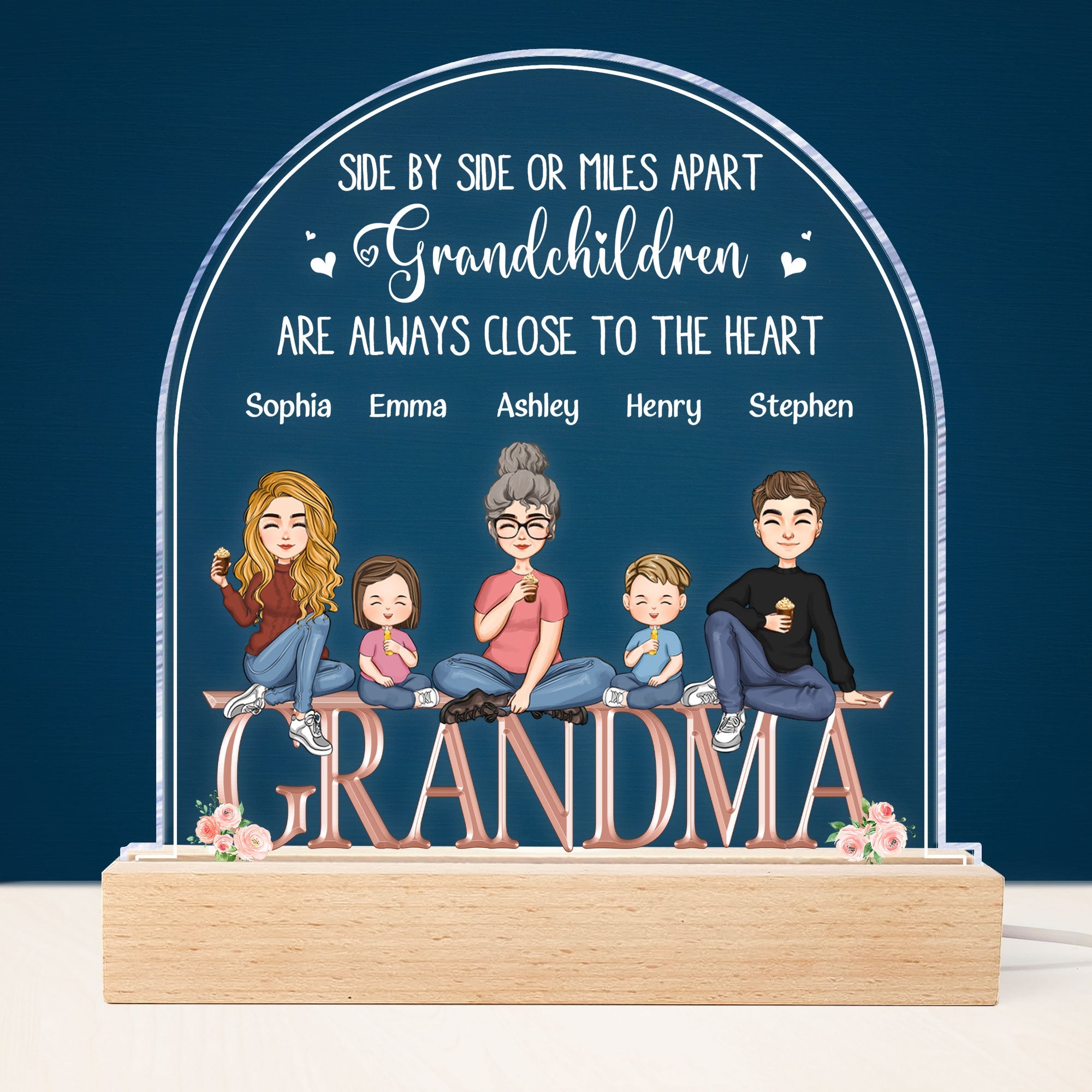 Grandkids Are Always Close To The Heart - Personalized 3D Led Light Wooden Base - Mother's Day, Birthday, Loving Gift For Grandma, Nana, Gigi