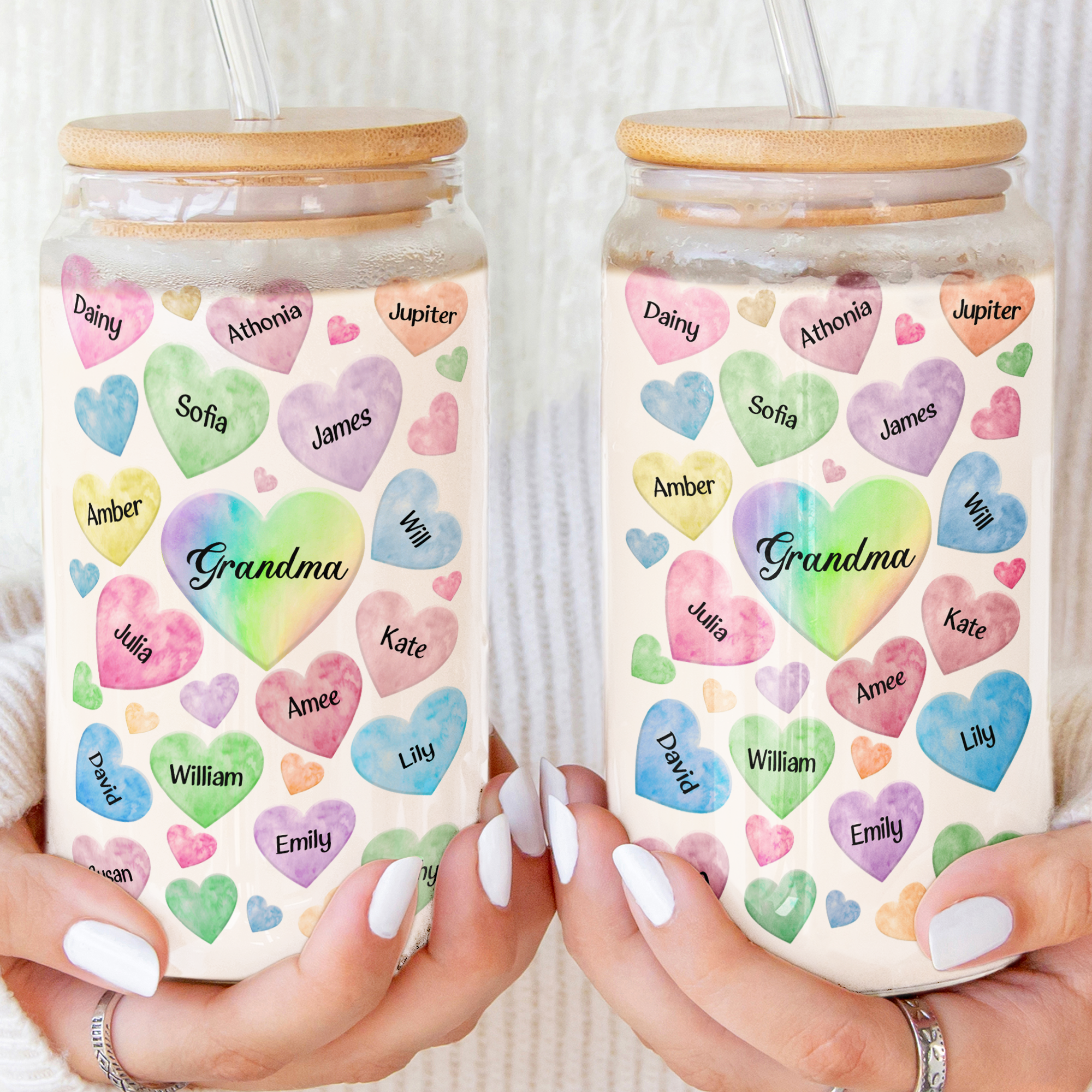 Grandkids Hearts Custom With Names - Personalized Clear Glass Cup