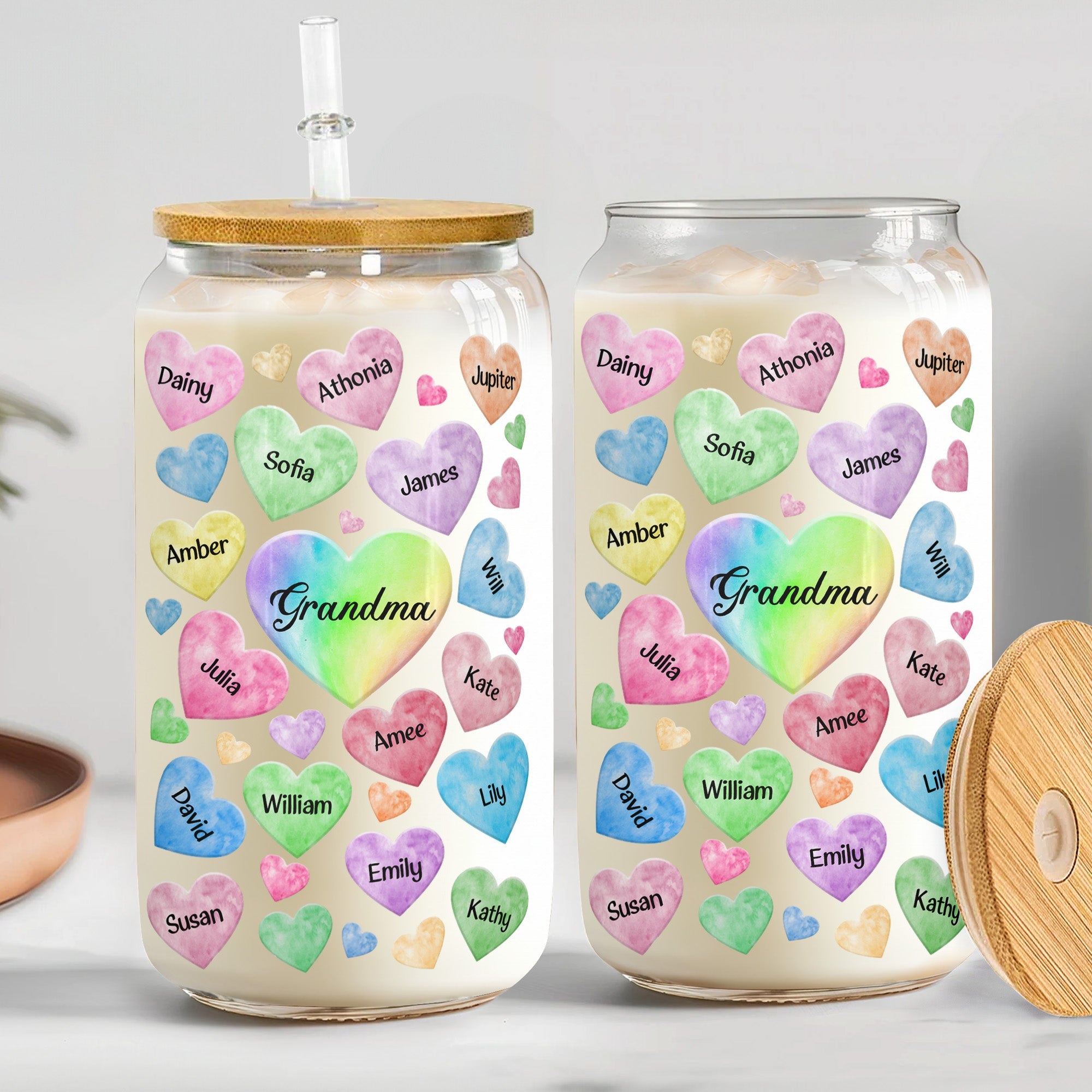 Grandkids Hearts Custom With Names - Personalized Clear Glass Cup