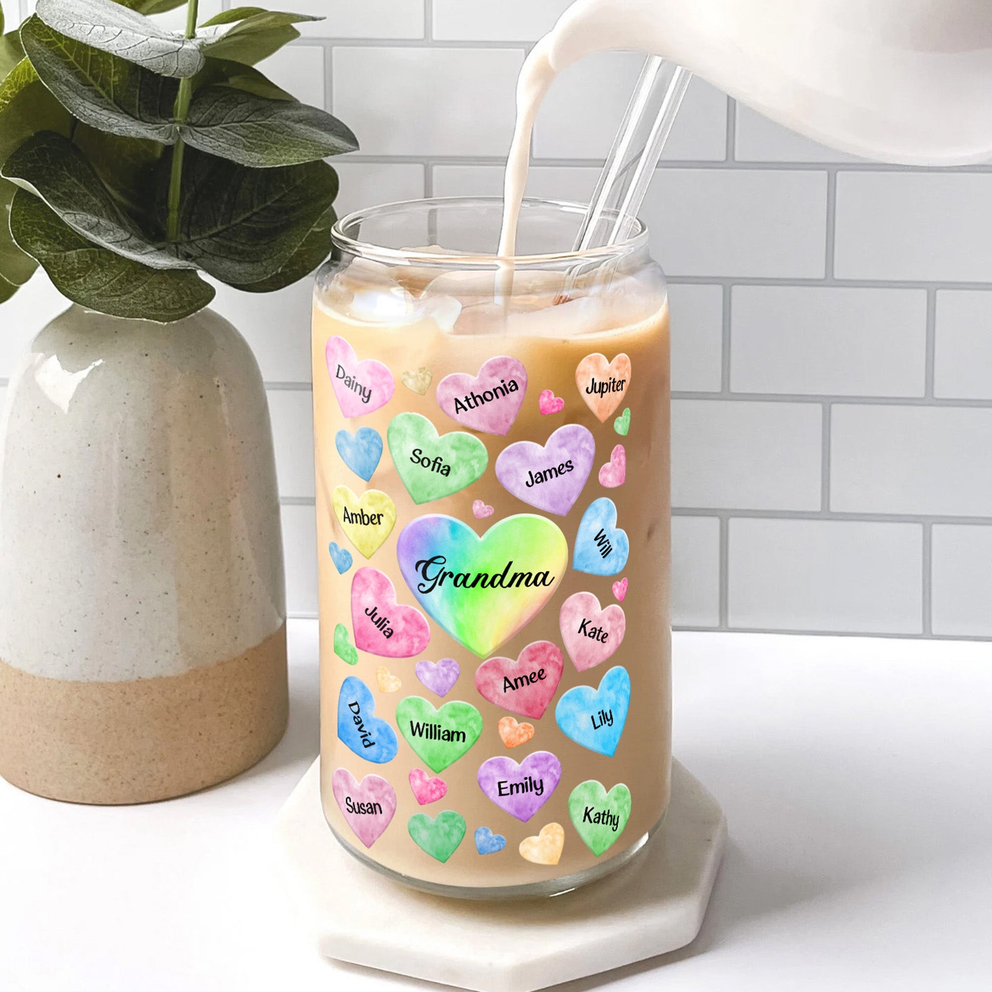 Grandkids Hearts Custom With Names - Personalized Clear Glass Cup