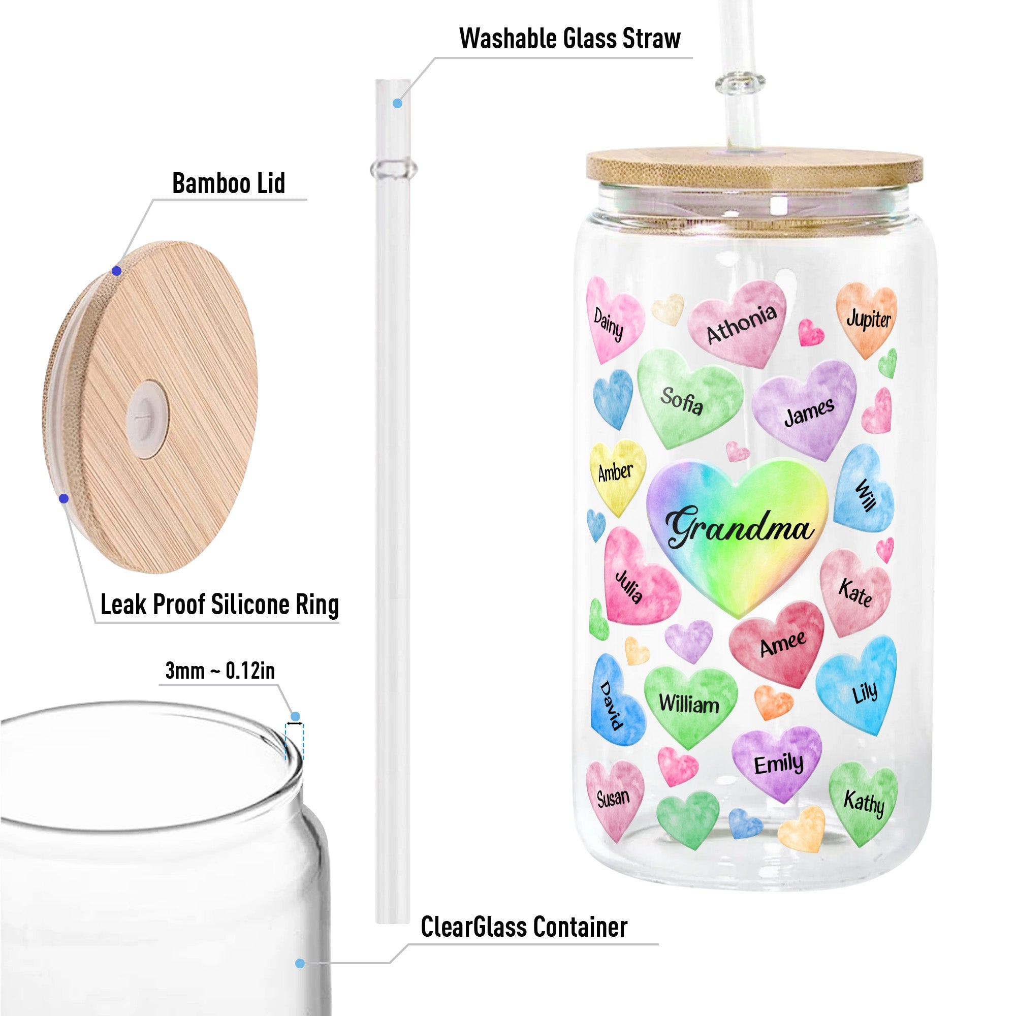 Grandkids Hearts Custom With Names - Personalized Clear Glass Cup