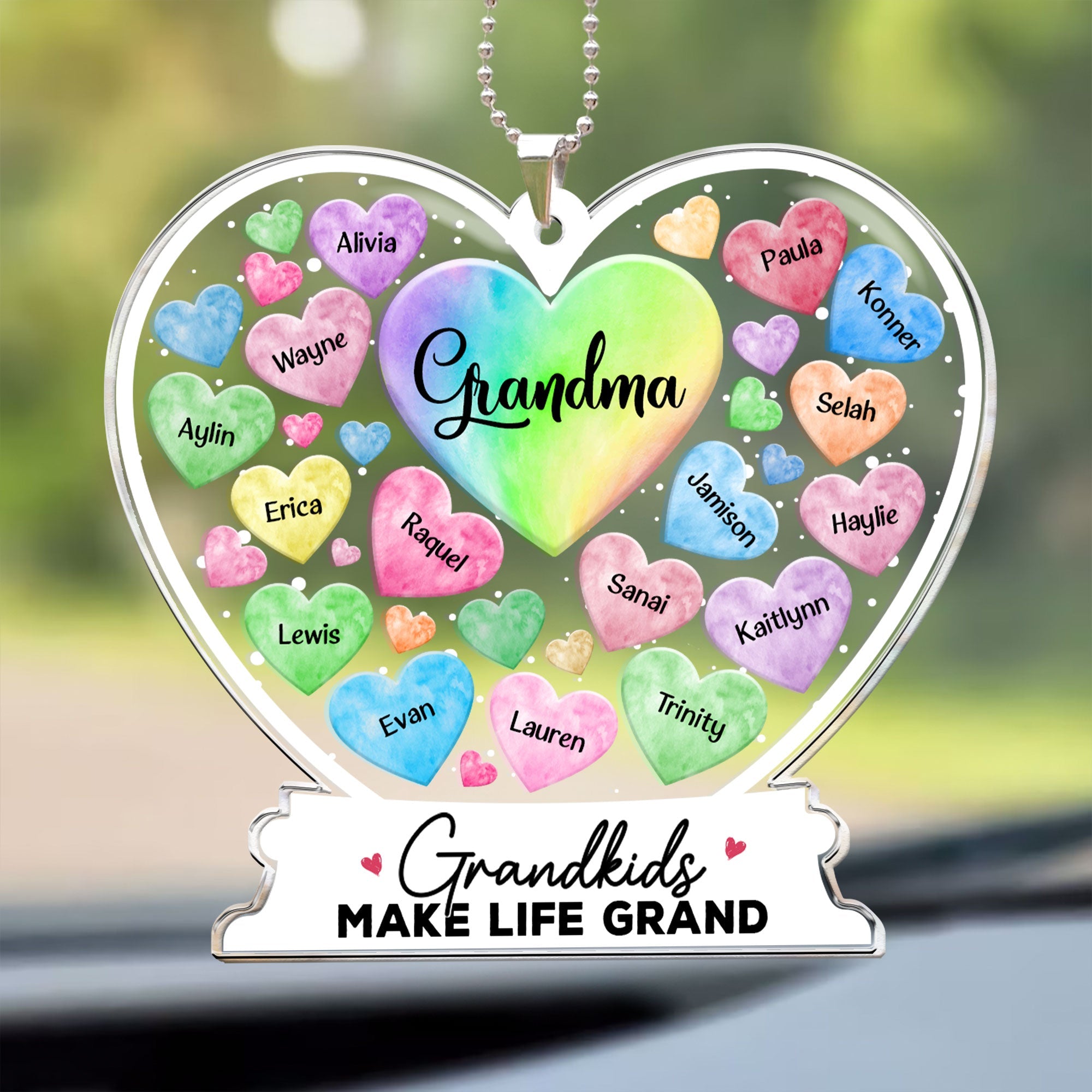 Grandma Hearts Custom Grandkids Names - Personalized Rear View Mirror Accessory