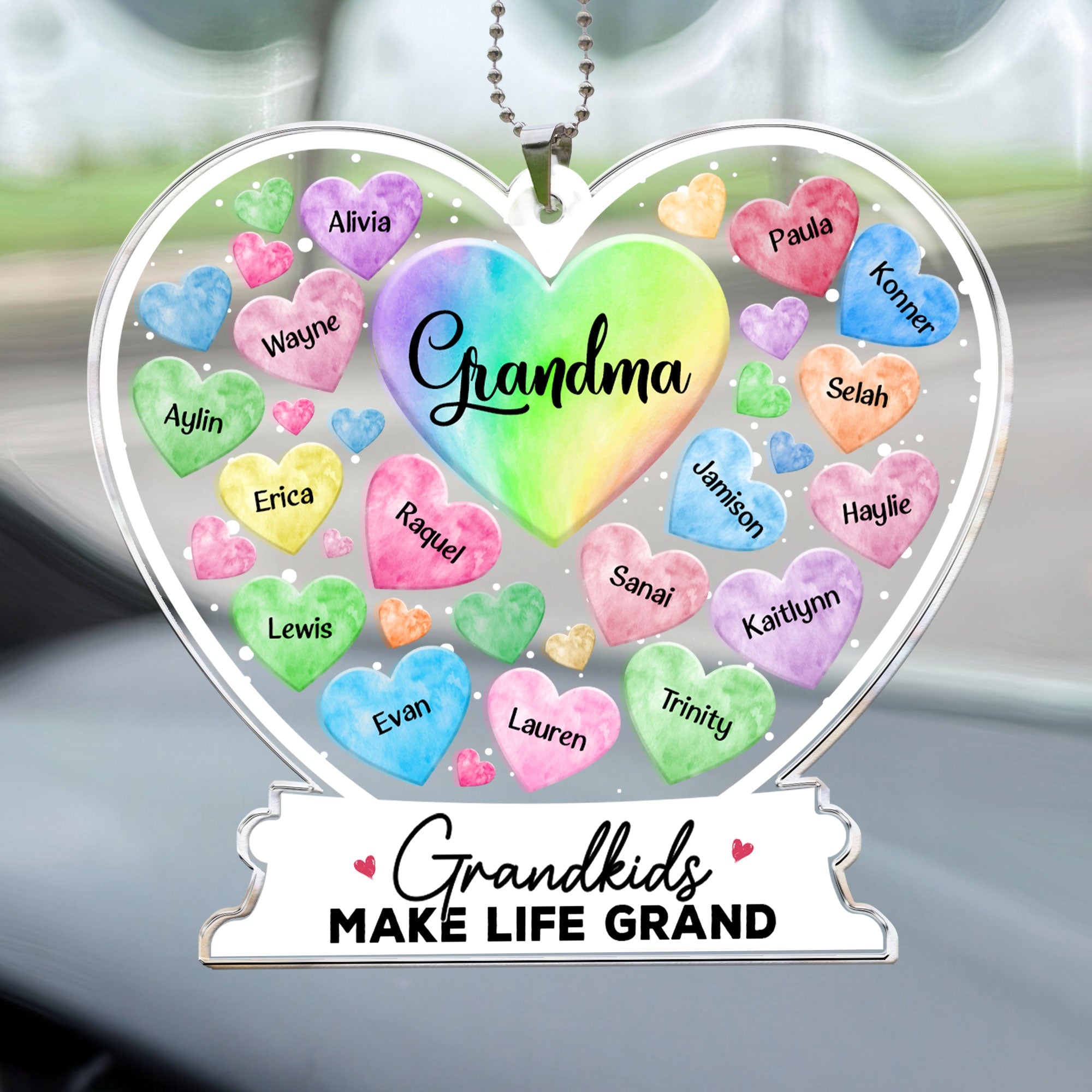 Grandma Hearts Custom Grandkids Names - Personalized Rear View Mirror Accessory