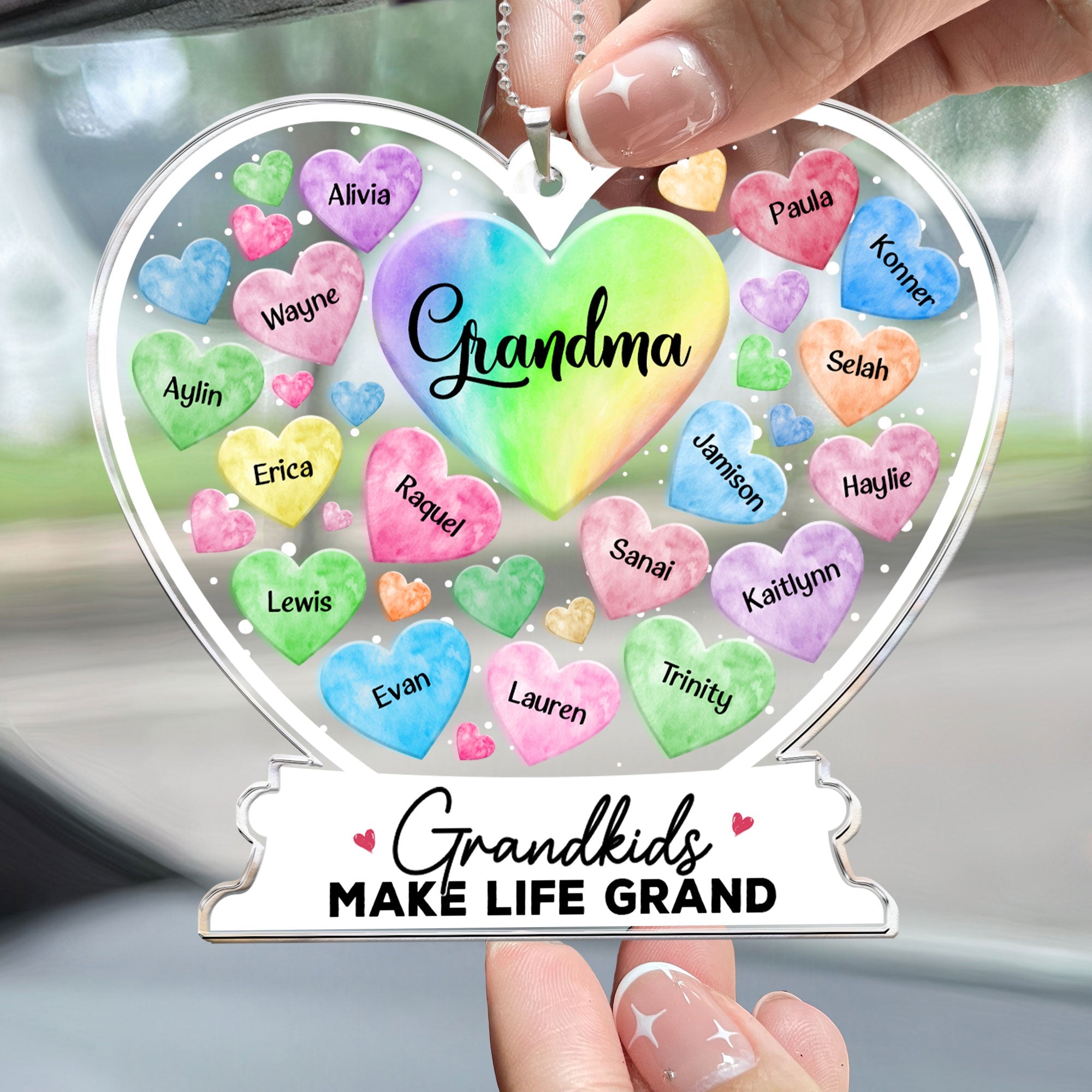 Grandma Hearts Custom Grandkids Names - Personalized Rear View Mirror Accessory