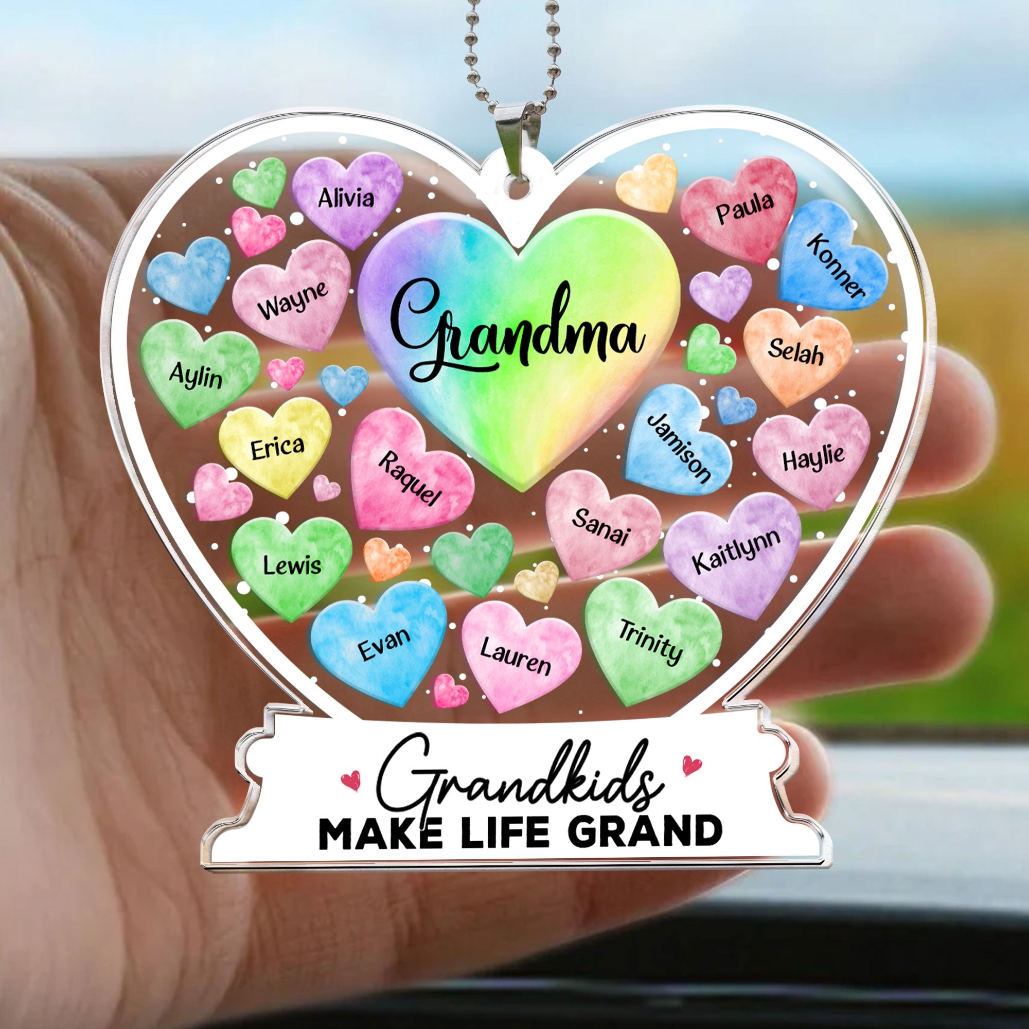 Grandma Hearts Custom Grandkids Names - Personalized Rear View Mirror Accessory