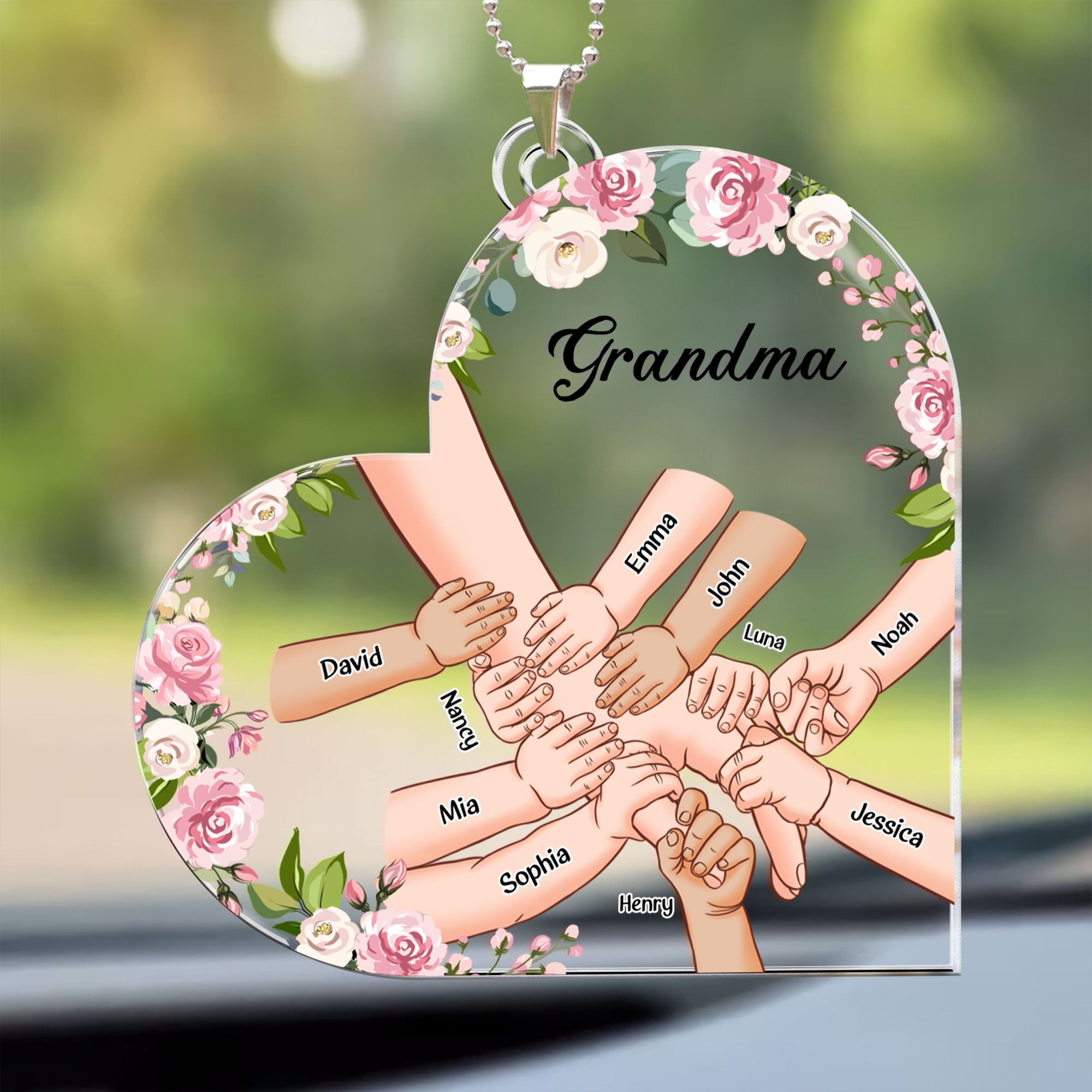 Grandma Holding Hand With Grandkids Names - Personalized Rear View Mirror Accessory