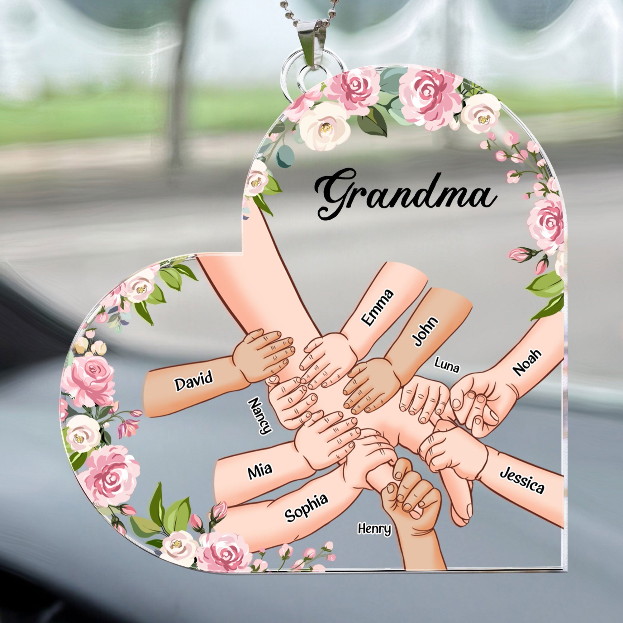 Grandma Holding Hand With Grandkids Names - Personalized Rear View Mirror Accessory