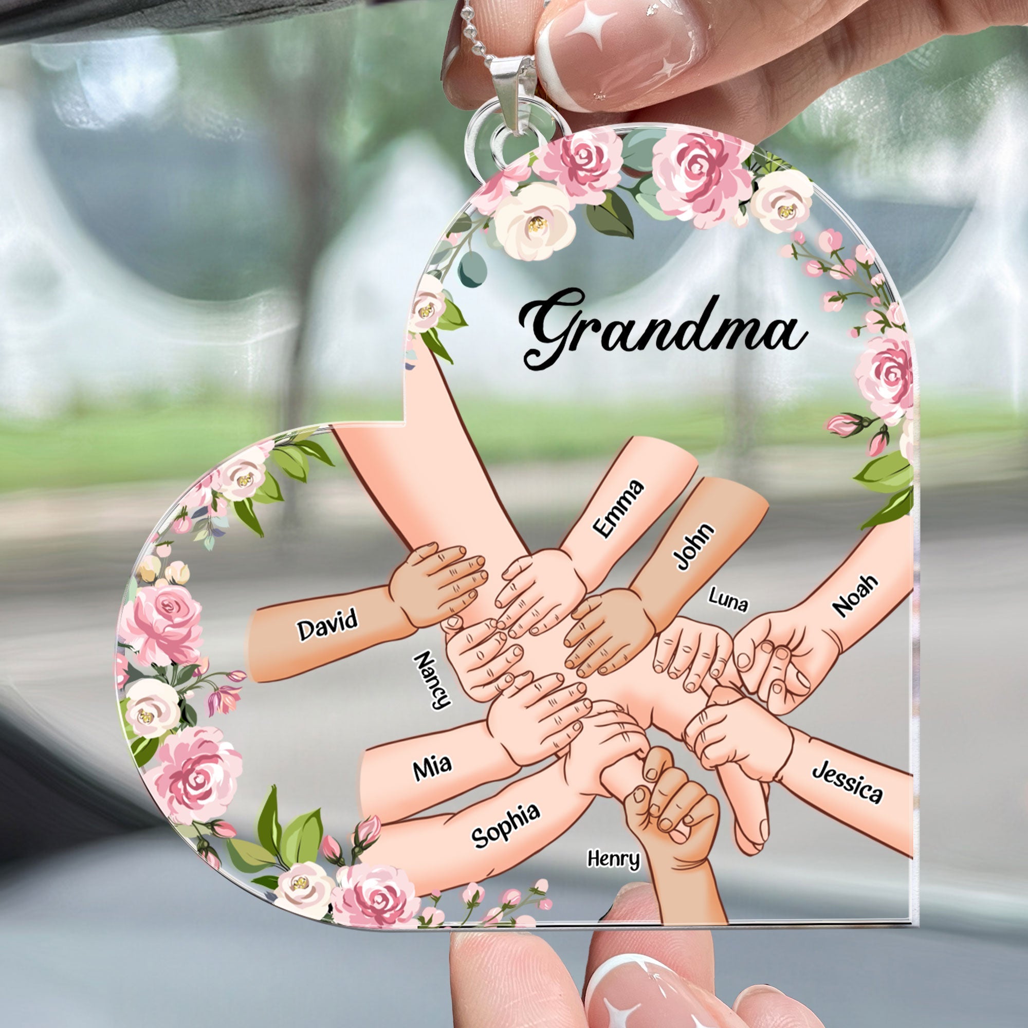 Grandma Holding Hand With Grandkids Names - Personalized Rear View Mirror Accessory