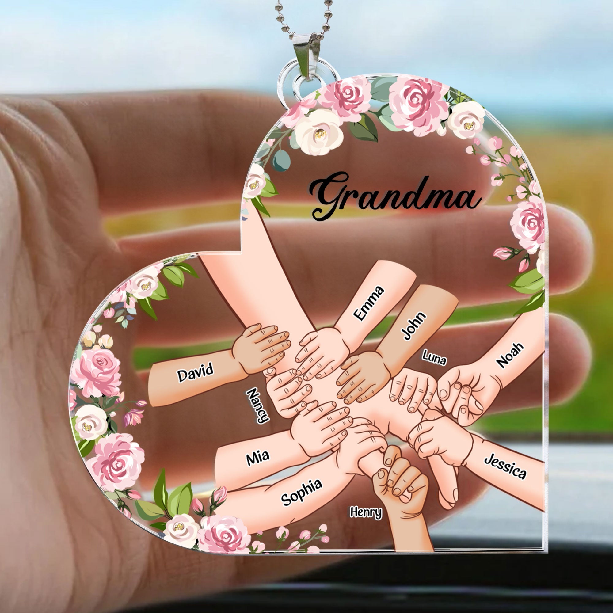 Grandma Holding Hand With Grandkids Names - Personalized Rear View Mirror Accessory