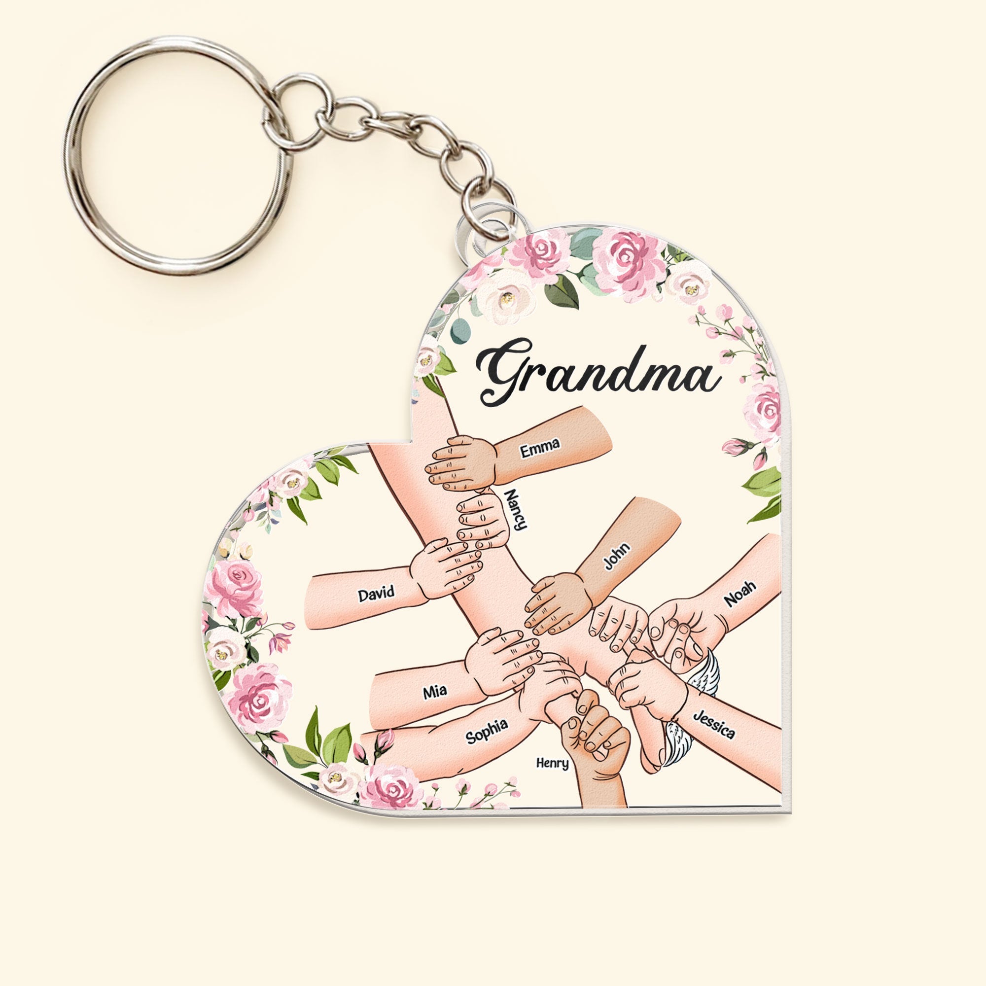 Grandma Holding Hand With Grandkids - Personalized Acrylic Keychain