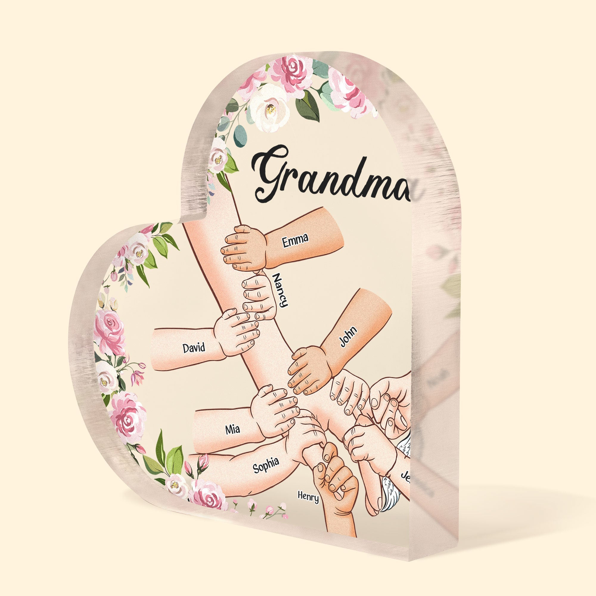 Grandma Holding Hand With Grandkids - Personalized Heart Shaped Acrylic Plaque