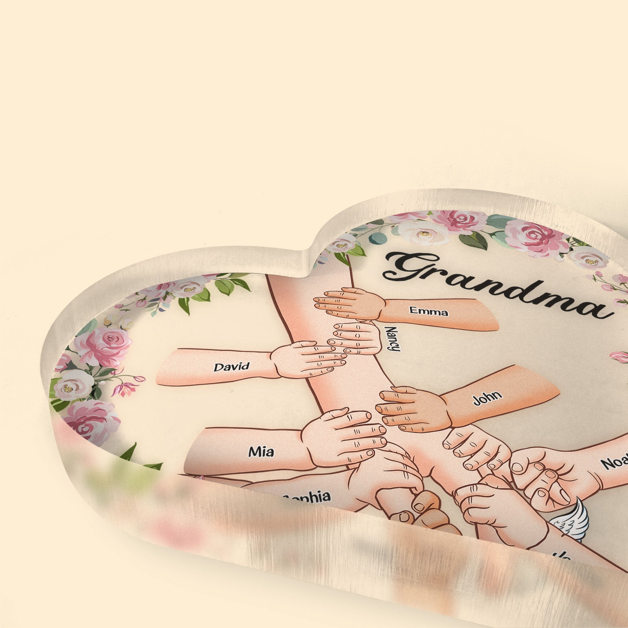 Grandma Holding Hand With Grandkids - Personalized Heart Shaped Acrylic Plaque