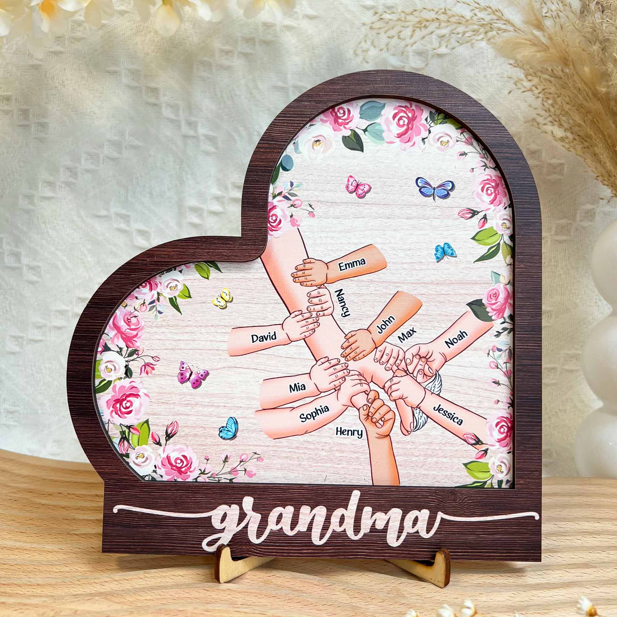 Grandma Holding Hand With Grandkids - Personalized Wooden Plaque