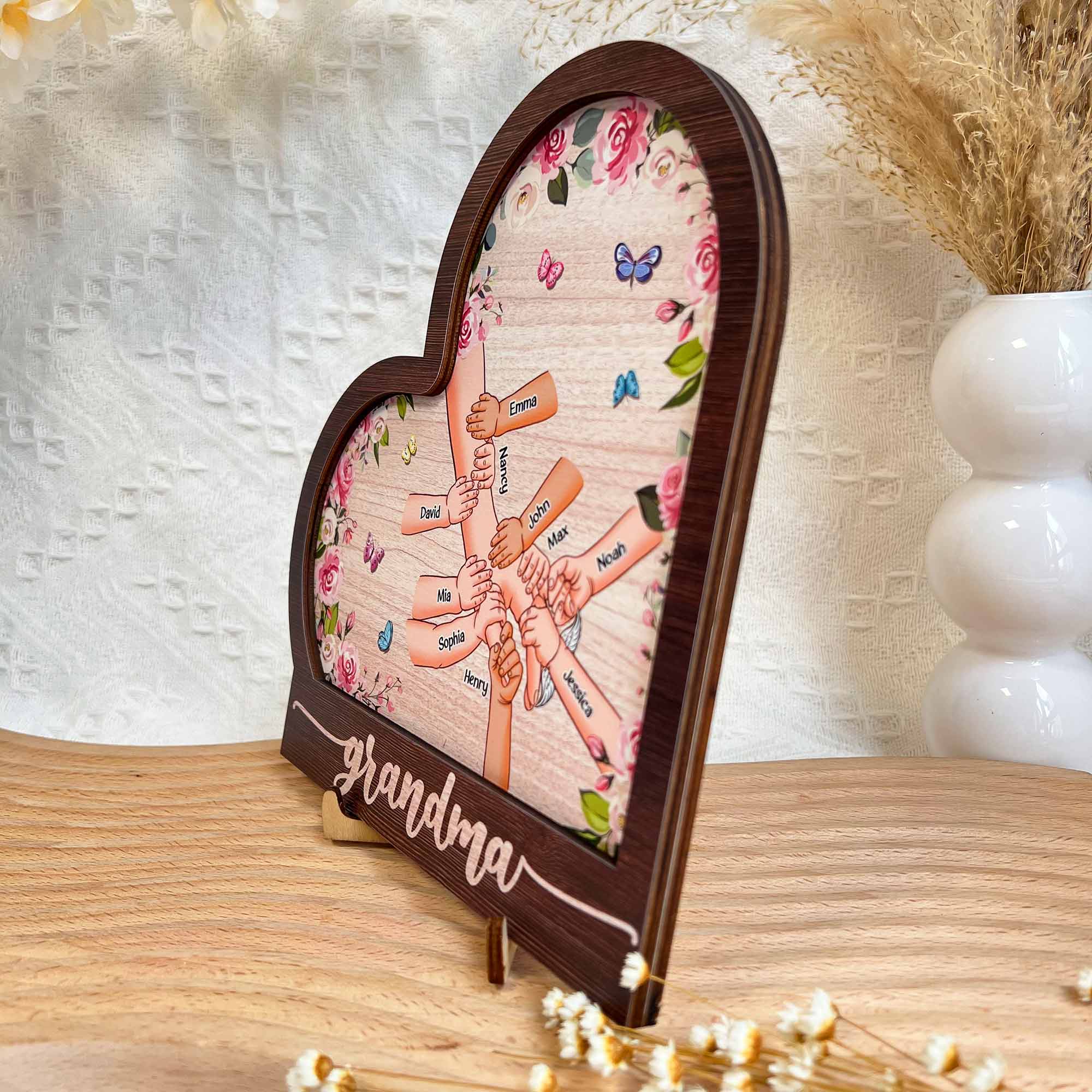 Grandma Holding Hand With Grandkids - Personalized Wooden Plaque